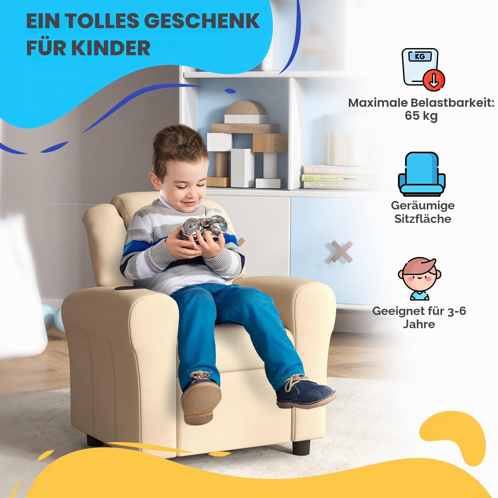 HOMCOM Kindersessel, PU-Leder Kindersessel, Kinderstuhl, Kleinkindersessel mit Verstellbarer Rückenlehne, Fußstütze, gepolsterte Kopfstütze, Becherhalter, Beige