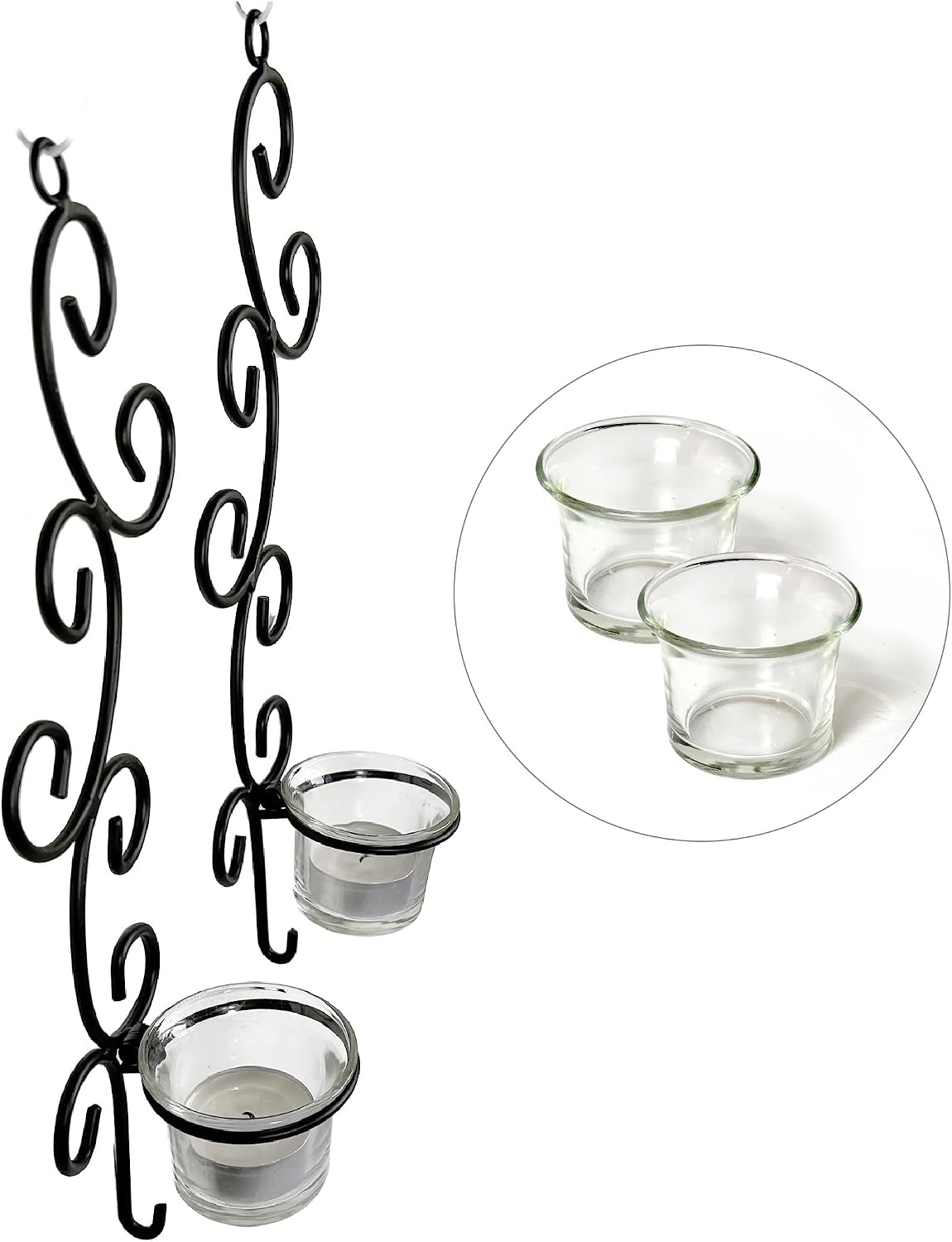 Lily’s Home Deco Swirl Wall Sconce Tea Light Candle Holders, Steel, Black, Set of 2, with 2 Clear Glass Tealight Candle Holders