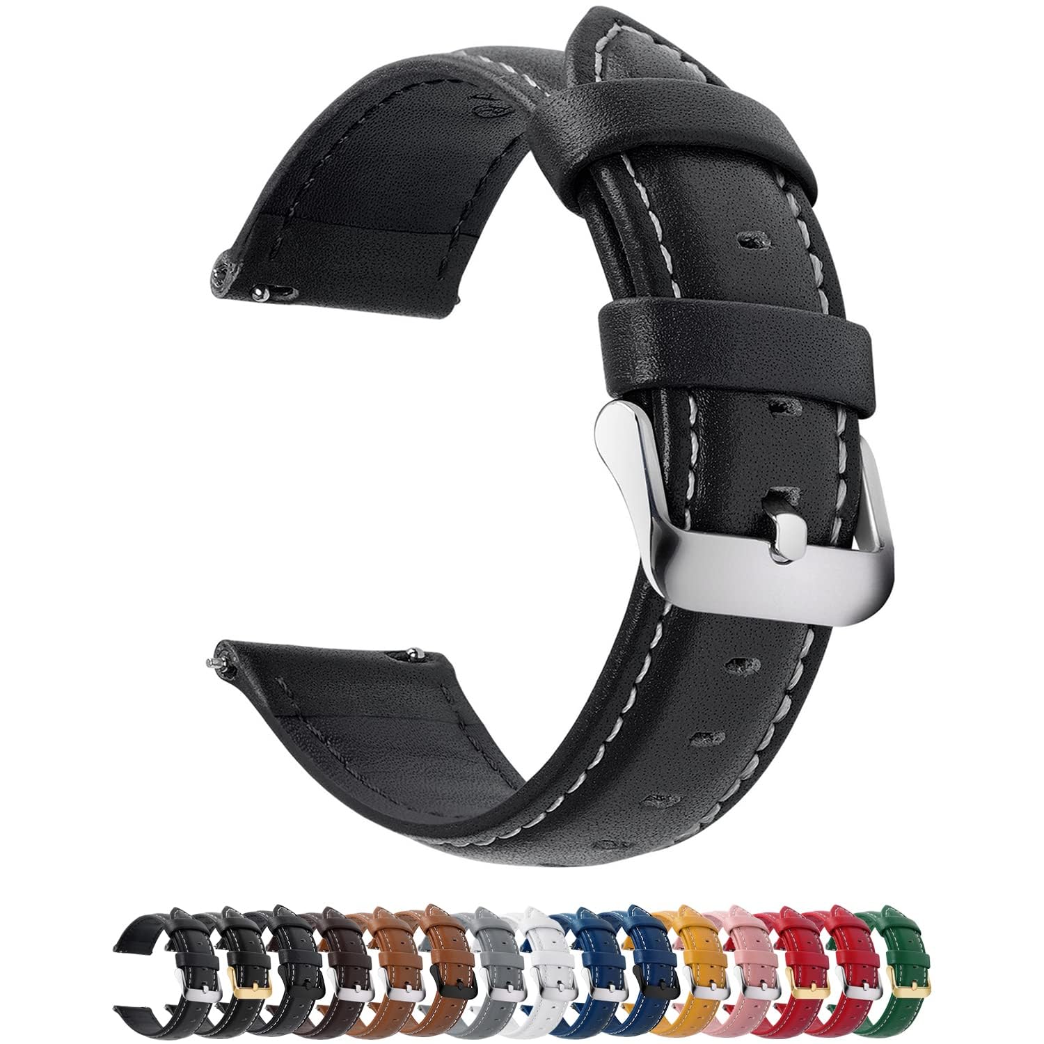 12 Farben Uhrenarmband 18mm Lederarmband für Smartwatch Universal-Uhr | Schnellverschluss Vintage Ersatzrmbänder mit Edelstahl Schließe,für Herren Damen,Schwarz+silber Schnalle – Amazon Angebot