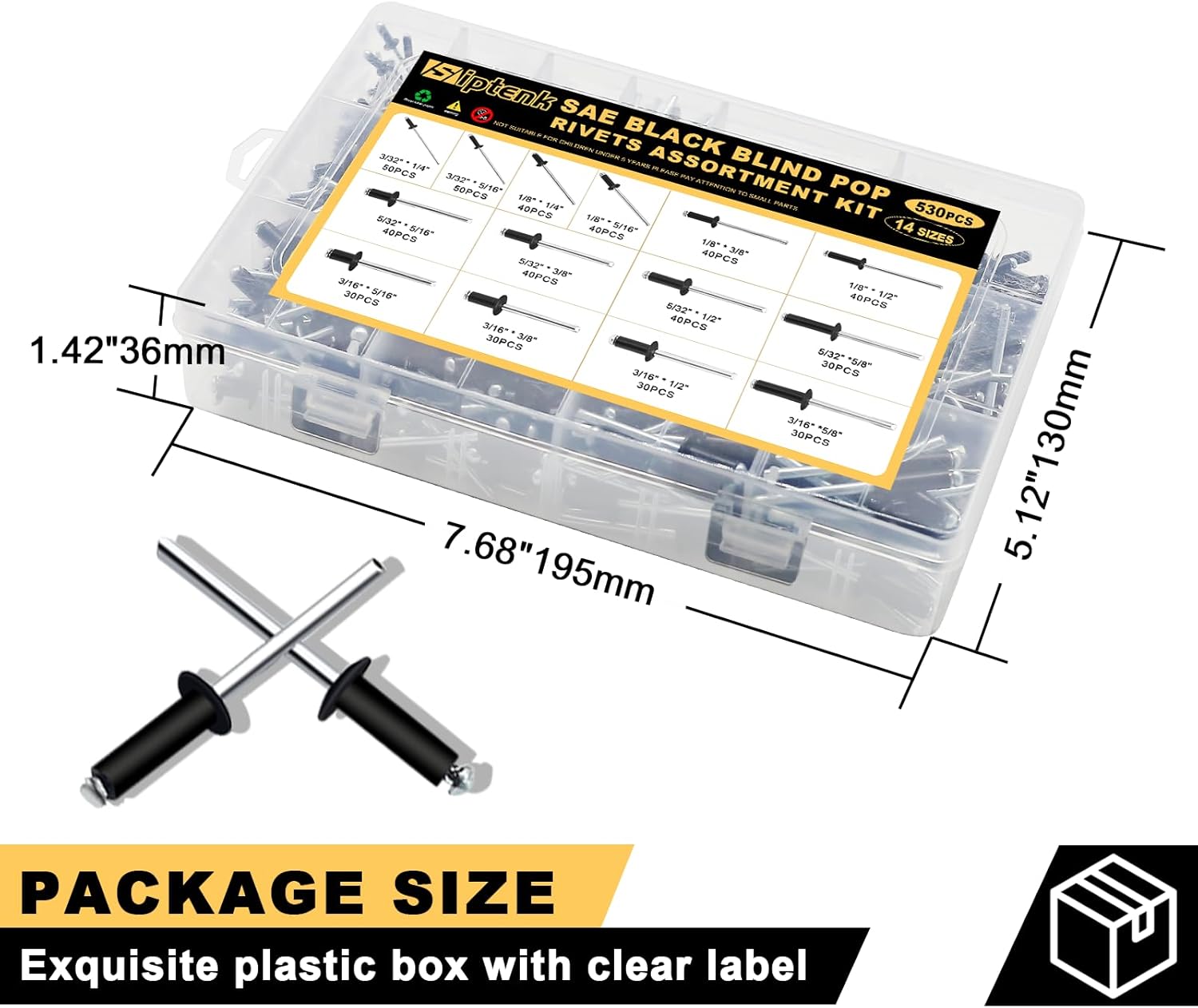 Siptenk 530PCS Black Pop Rivets Assortment Kit, SAE Aluminum Assorted Blind Rivet Set 14 Sizes 3/32" 1/8" 5/32" 3/16" Pop Rivet Kit for Metal