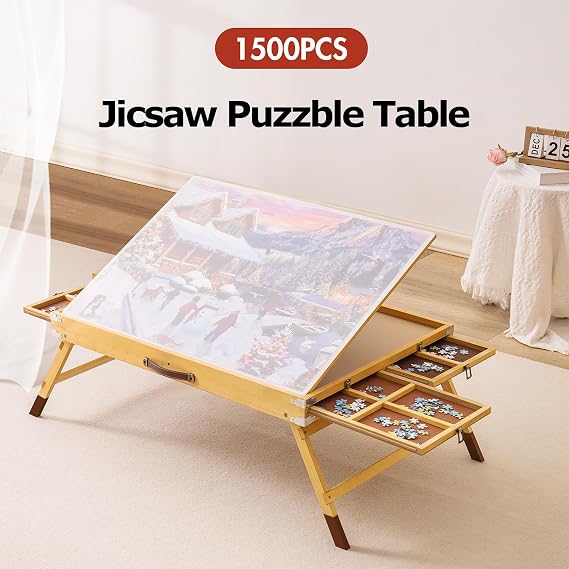 Adjustable Puzzle Table, 1500 Pieces Wooden Puzzle Board with Drawers and Turntables, Can Support 25 Degrees, Foldable Leg Jigsaw Table for Adults Jigsaw table