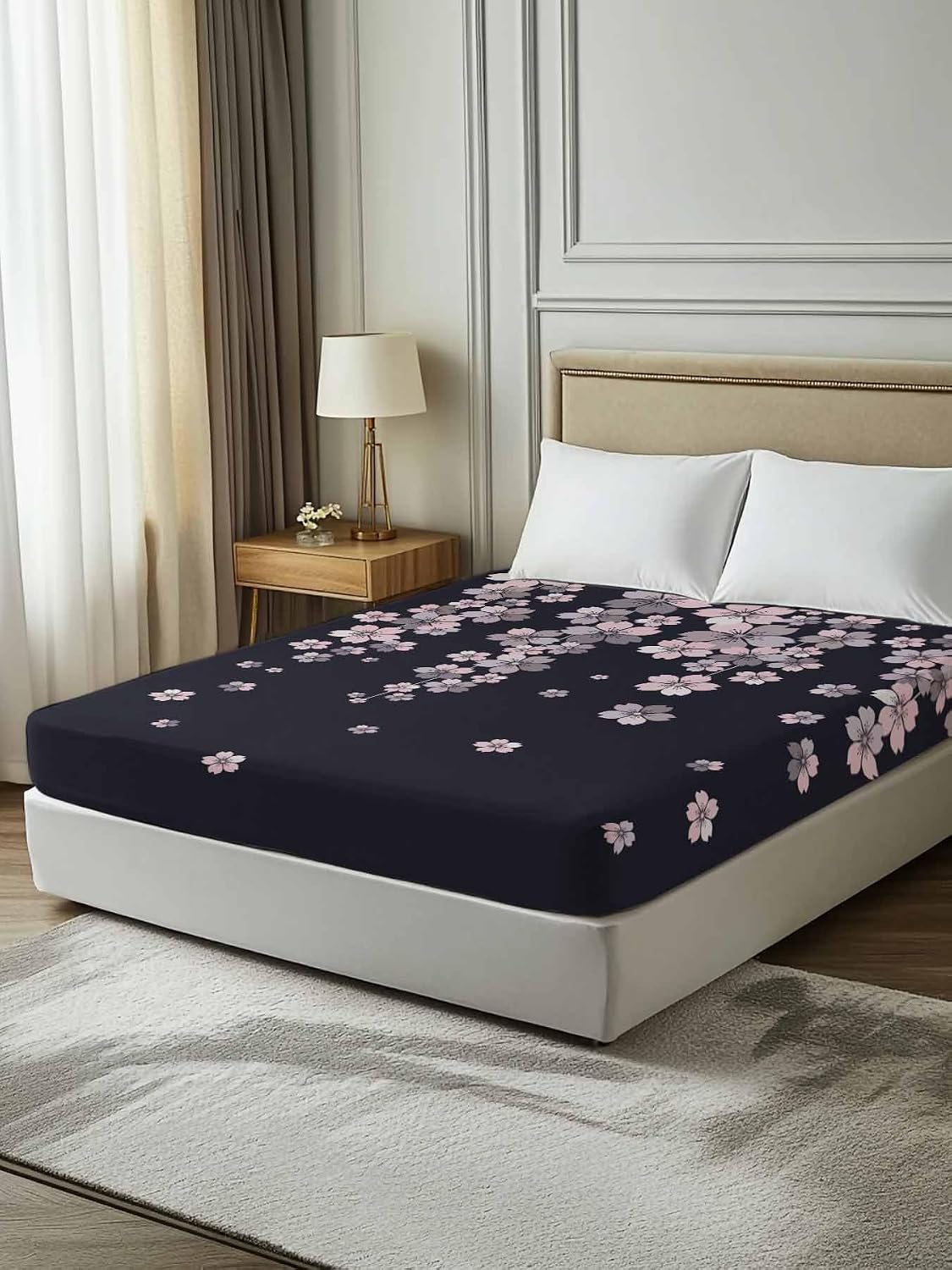 Top Sheet Full Bedding Flat Sheet Only, Spring Pink Cherry Blossoms Flower Microfiber Bed Sheets Soft Breathable Bedding Flat Sheets, Blossom Floral on Black Hotel Luxury Top Sheets