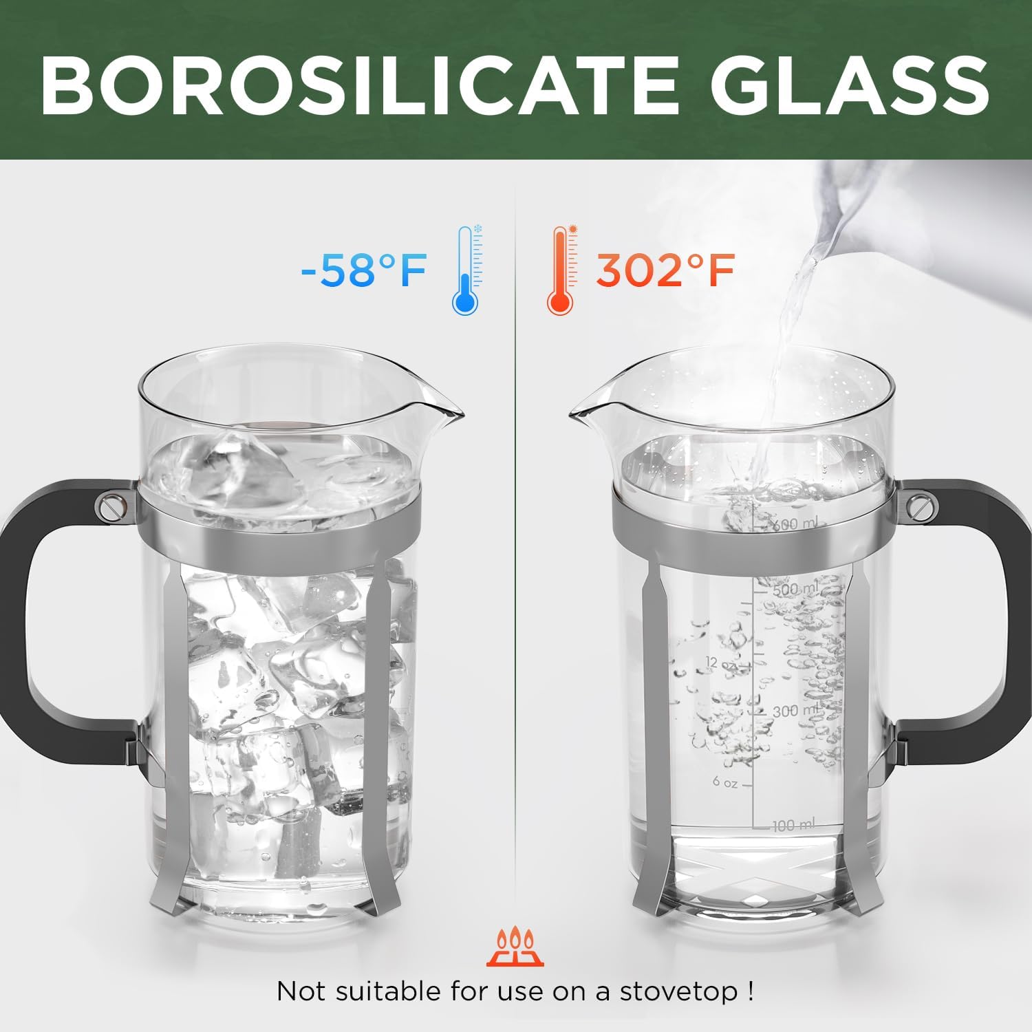 French Press Coffee Maker, 2 * 21 Ounce, Stainless Steel, Cold Brew Heat Resistant Borosilicate Glass Espresso Coffee & Tea Maker with 4 Filter