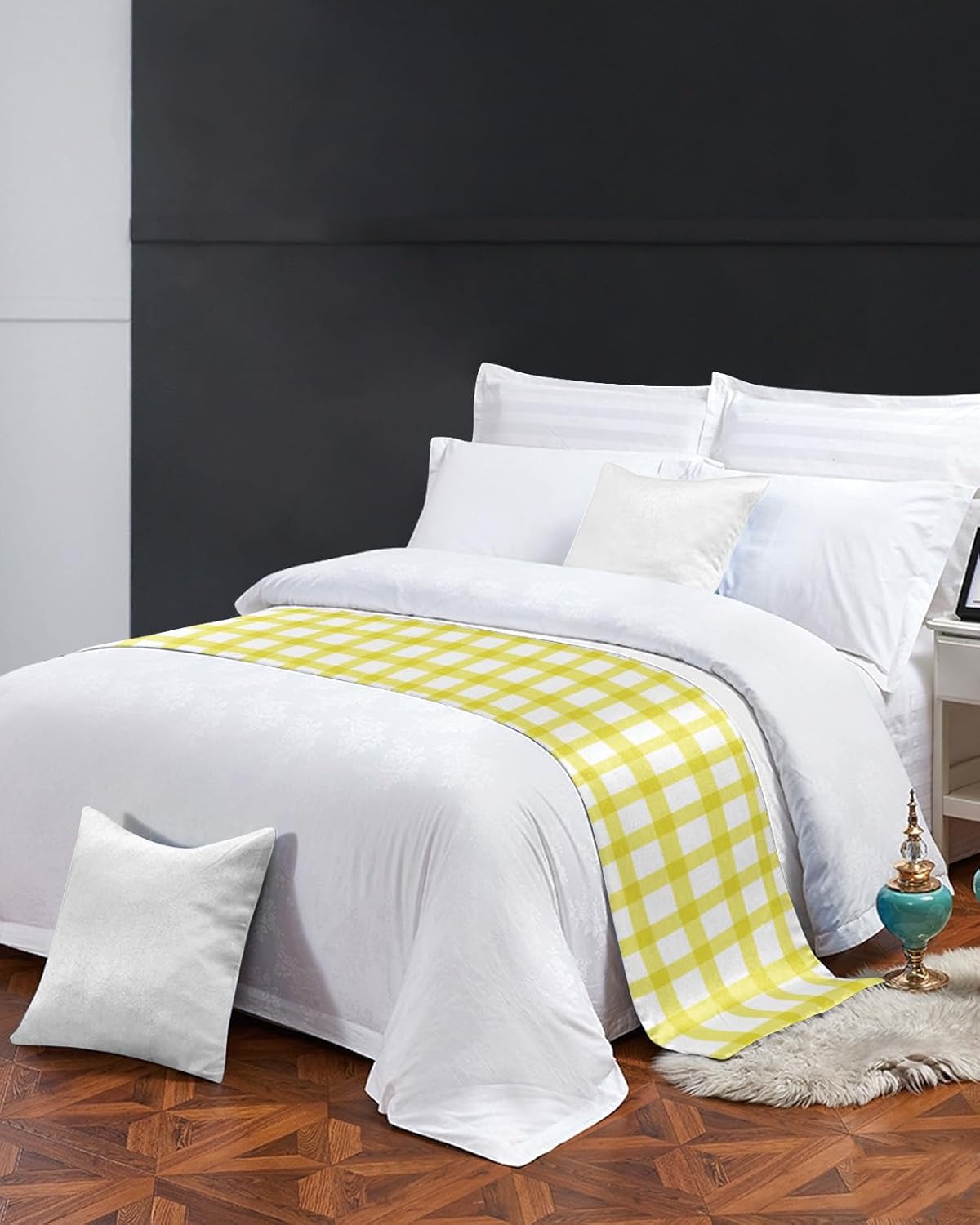 Teamery Bed Runners & Scarves, Farmhouse Yellow Plaid Bed Runner, Bed Scarf Protector Decorative Accent Bedding Scarf for Hotels Homes and Guestrooms, 102 x 20 inches