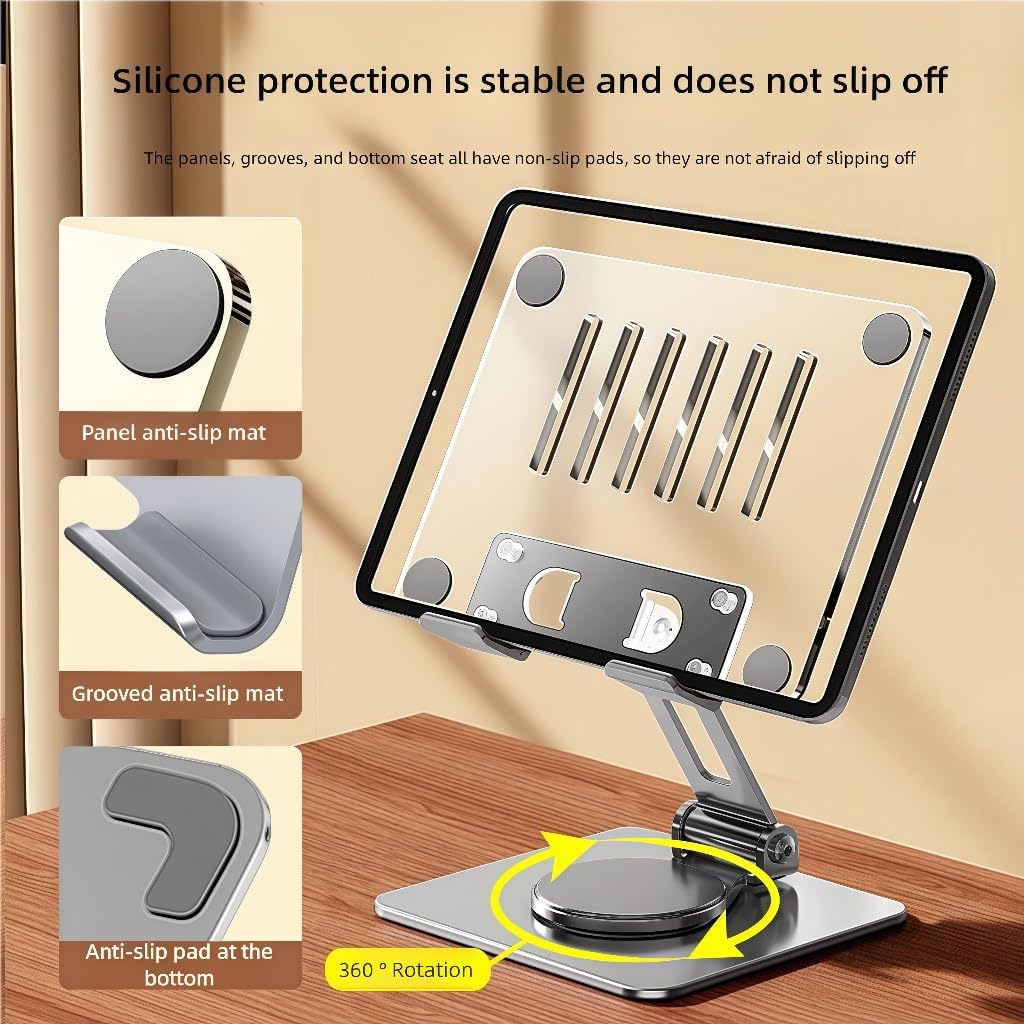Acrylic Tablet Stand Holder - Adjustable iPad Stand with 360° Rotating Base, Compatible with 4.7-12.9inch Device Such as iPad Pro Air Mini and More, Clear+Silver