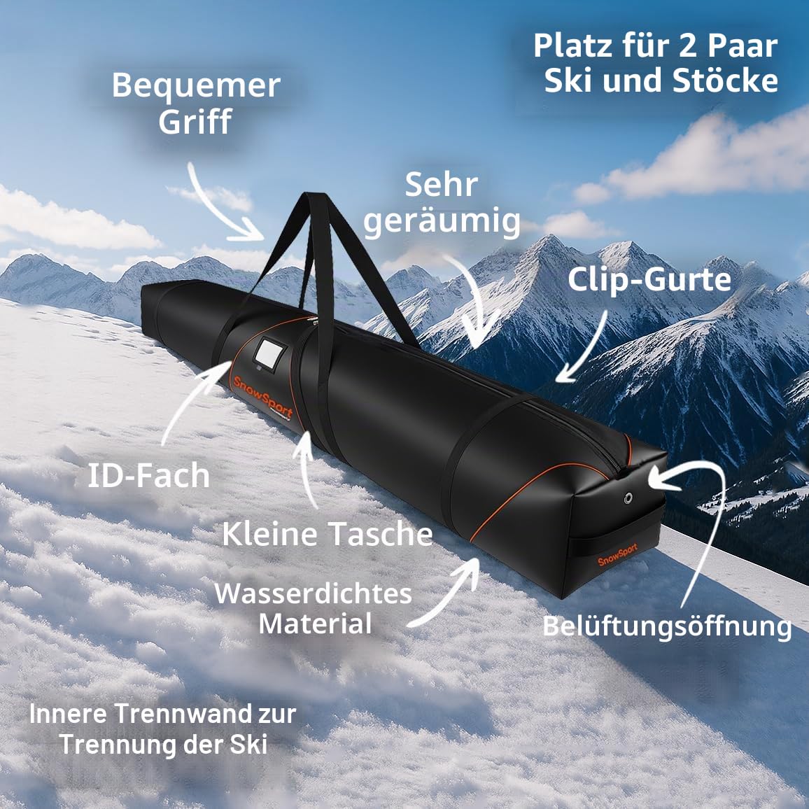 Prestige PRO Double Ski Bag – Skitasche für 2 Paare + Stöcke + Skizubehör GEPOLSTERT– ideal für Skireisen mit Flugzeug, Bus, Bahn, Auto mit Kompressionsriemen und Schultergurten