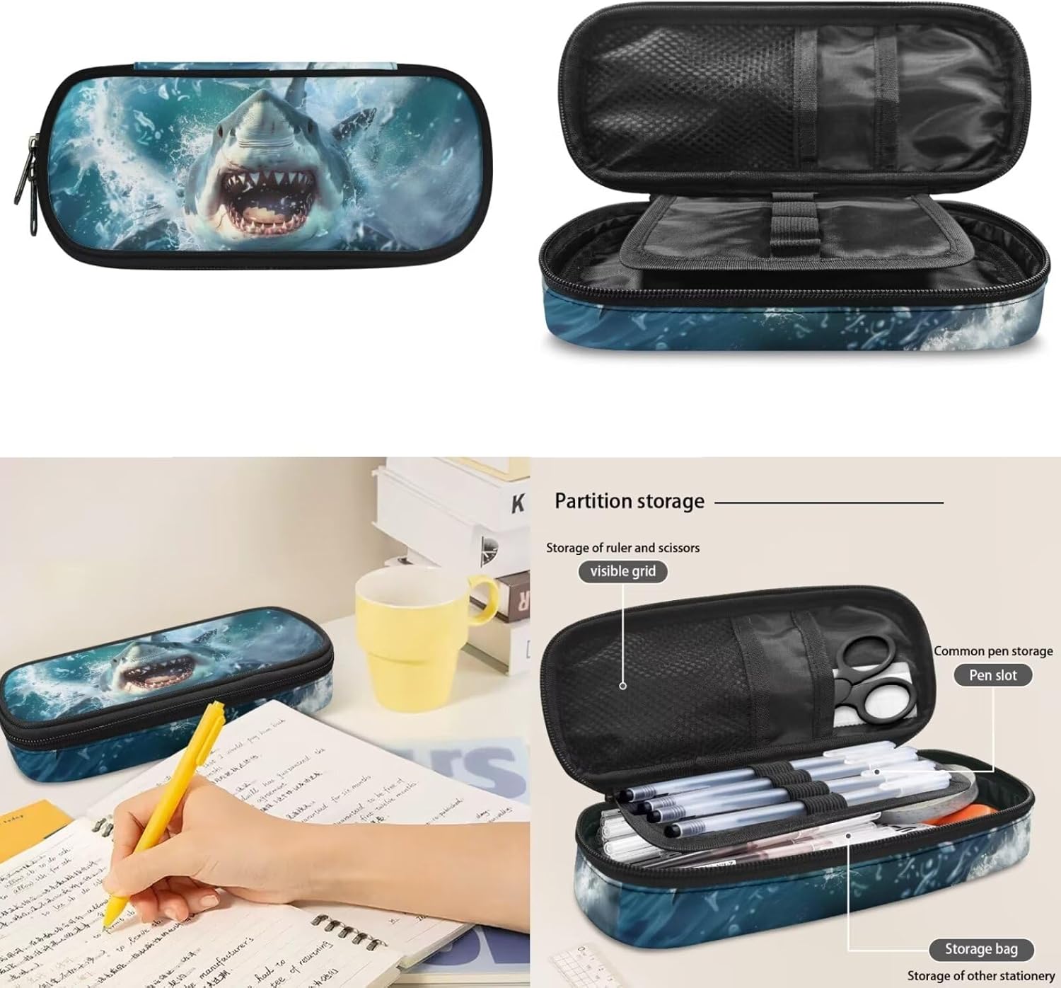 Shark Teen Backpack Ages 10-12 Fashion School Bag for Elementary Boys Girls 6 Grade 3Pcs Rucksack with Lunch Bag Pencil Case School Supplies