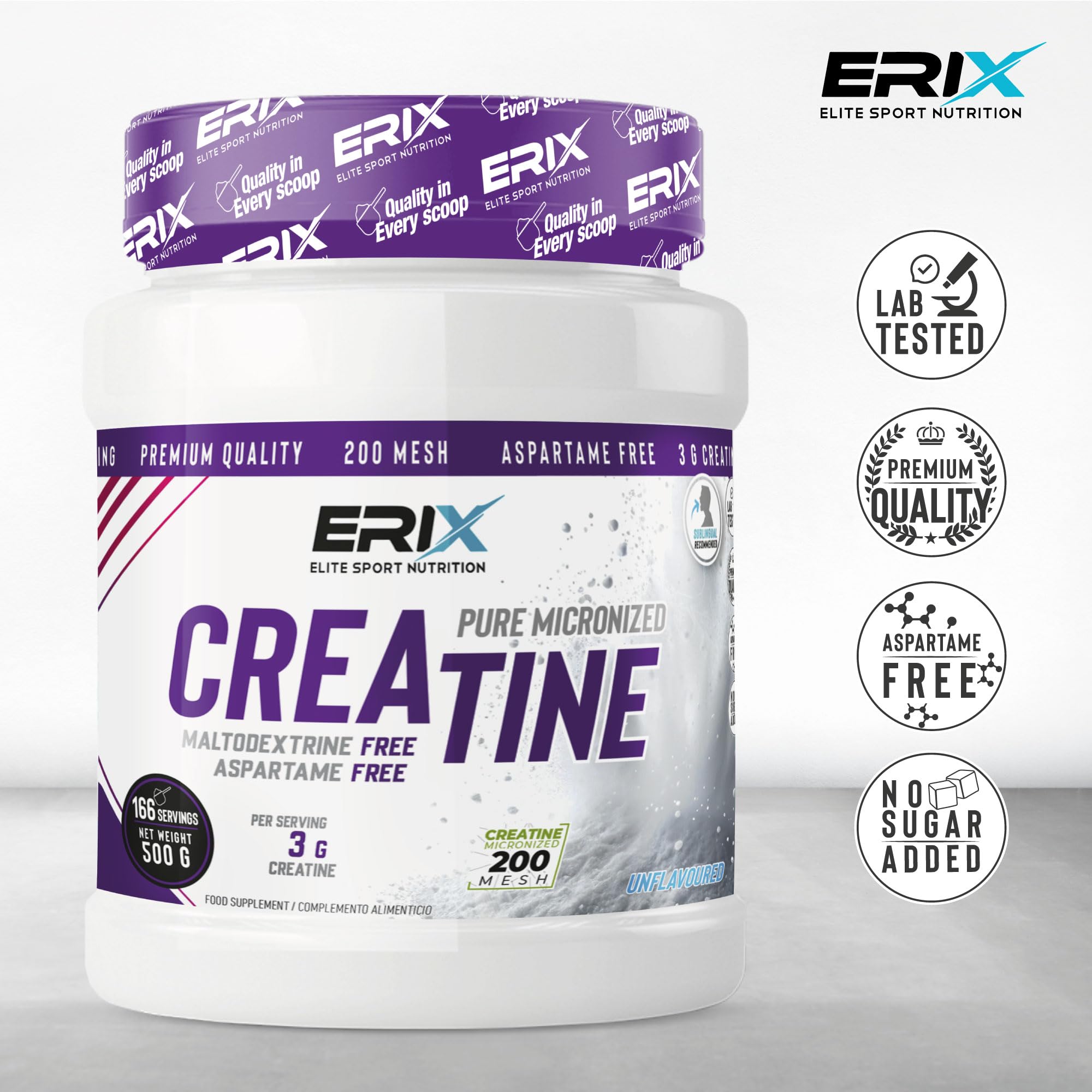 ERIX Nutrición Creatina Monohidrato 200 Mesh Neutra - Pack de 2 x 500g (1 Kg, 332 Dosis) - Polvo Micronizado 100% Puro sin Sabor para Entrenamiento, Mejora la Fuerza Muscular y la Recuperación