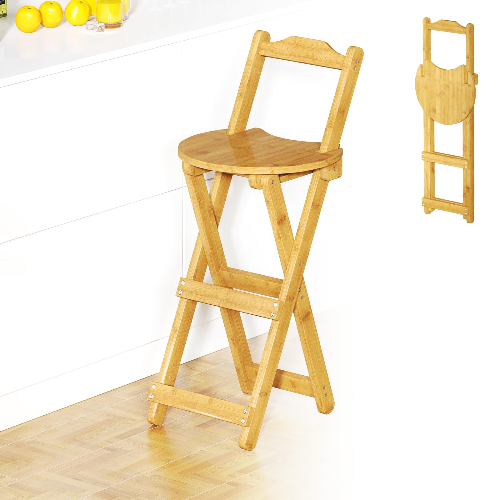 Folding Bar Stool with Back Portable Tall Folding Stool Chair, Kitchen Island Breakfast Wood Color Bar Chair, Counter Height Folding Stool Chair with Backrests, Camping Assembled - 1 Set