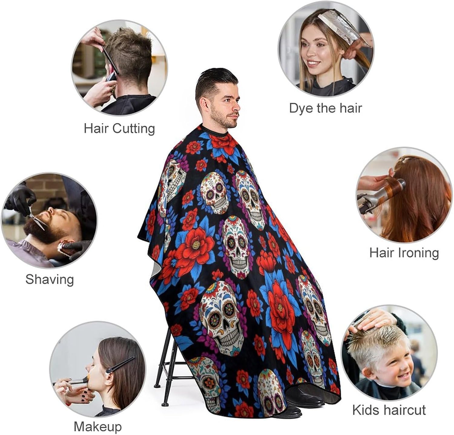 Fashion Hair Cutting Barber Cape, Professional Haircut Salon Cape for Men Women Red Flower Mexican Sugar Skull Black