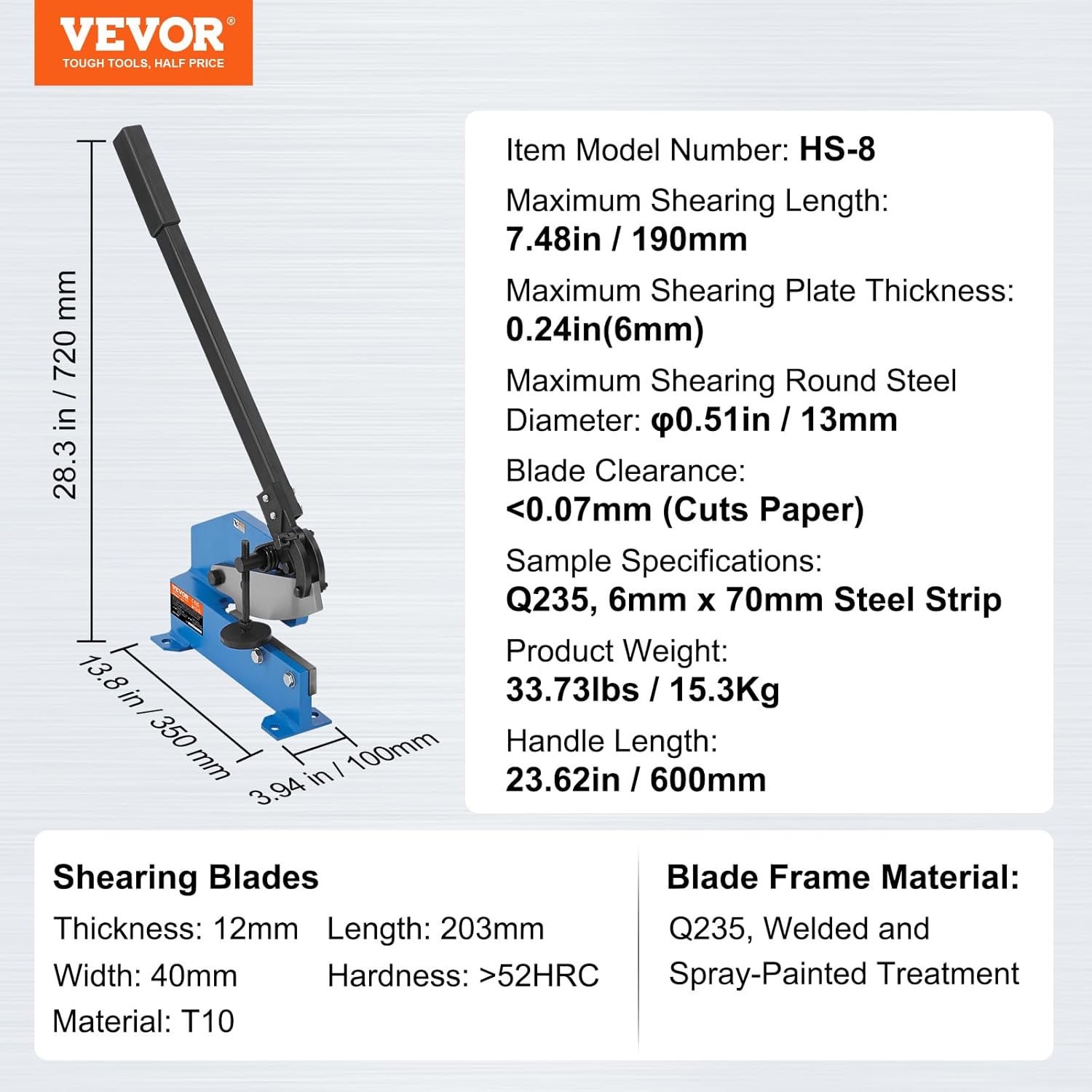 VEVOR Hand Plate Shear 8", Manual Metal Cutter Cutting Thickness1/4 Inch Thick Max, Metal Steel Frame Snip Machine Benchtop 7/16 Inch Rod, for Shear Carbon Steel Plates and Bars , Blue