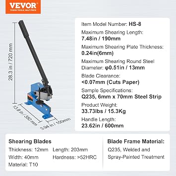 VEVOR Hand Plate Shear 8, Manual Metal Cutter Cutting Thickness1/4 Inch Thick Max, Metal Steel Frame Snip Machine Benchtop 7/16 Inch Rod, for Shear Carbon Steel Plates and Bars , Blue