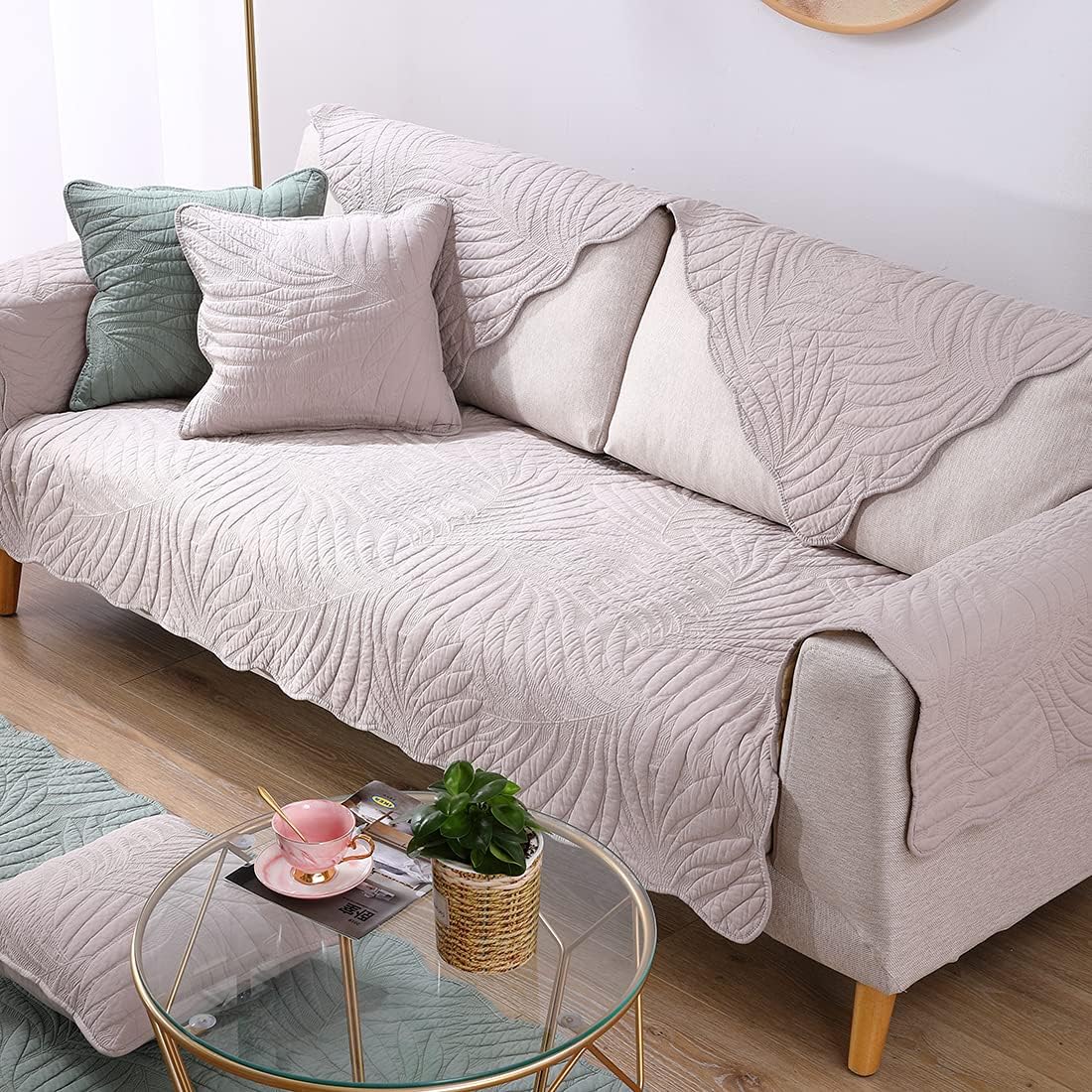 vctops Leaf Embroidery Cotton Couch Sofa Cover Non-Slip Sectional Couch Covers Sofa Slipcover for Dogs Cats Pet Love Seat Recliner Leather L Shaped, Armrest Backrest Cover(Khaki,43"x94")