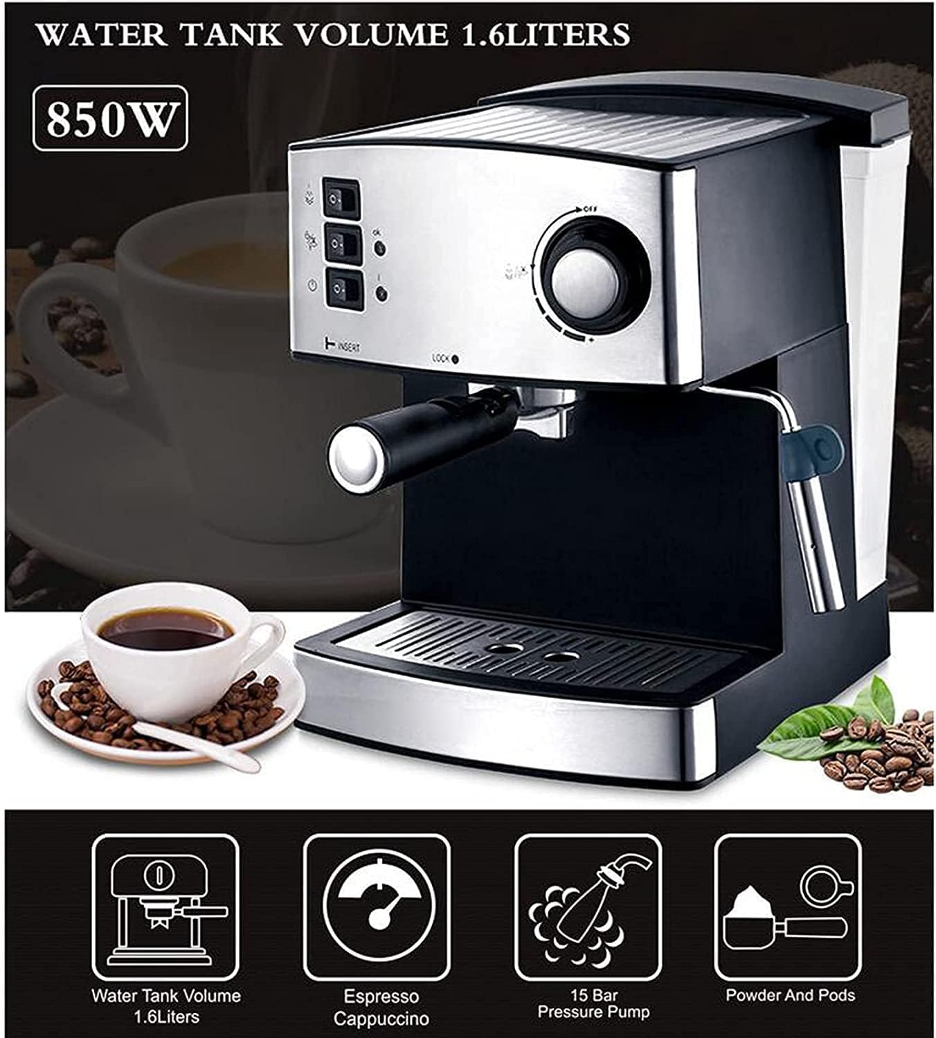 15Bar Steam Espresso Coffee Machine Mixing Home Small Milk Froth System, Overheating and Pressure Protection Device 1.6L,