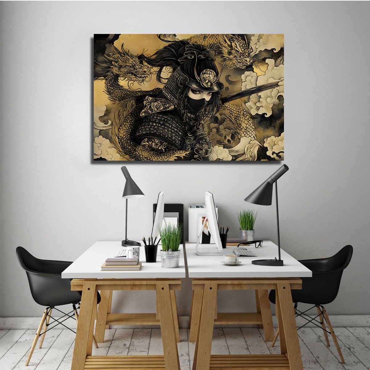 Via Vela Peinture murale en toile de dragon samouraï imprimés de guerriers japonais œuvres d’art à thème oriental affiche pour le salon chambre décoration du bureau 80x120cm