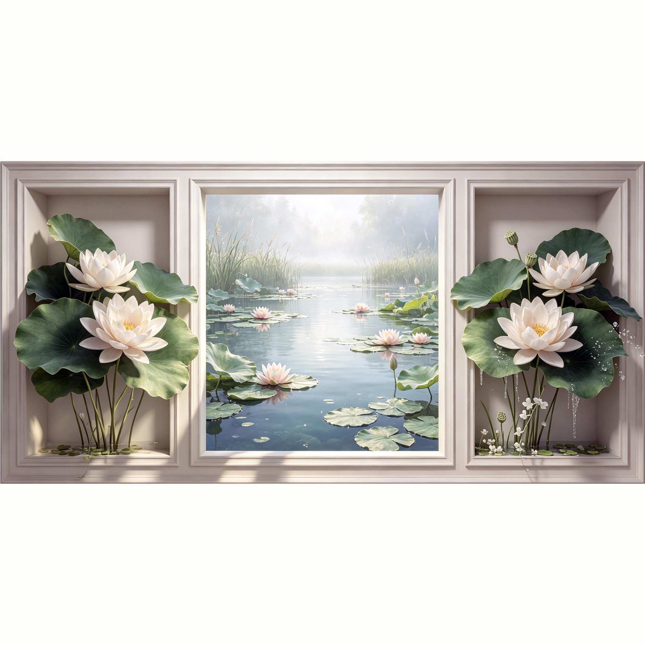 QZLITHOTIC 50x100cm 3D Framed Wall Art， Lotus Pond Botanical Landscape Self‑Adhesive Mural， Water‑Activated Peel & Stick Fabric Decor Wall Decal for Bedroom Living Room