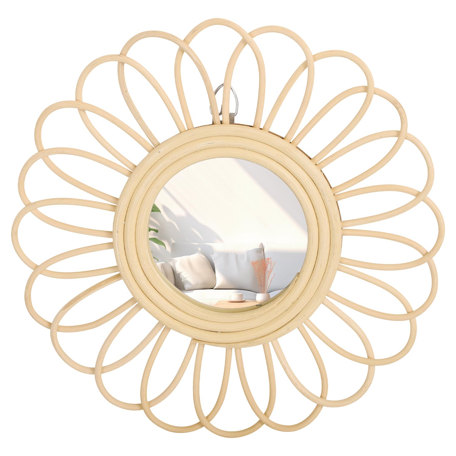 Espejo de pared redondo de ratán y girasol, pequeño espejo decorativo de pared circular de madera, espejos bohemios para interiores, hogar, sala de estar, dormitorio, baño, pasillo, 30 x 30