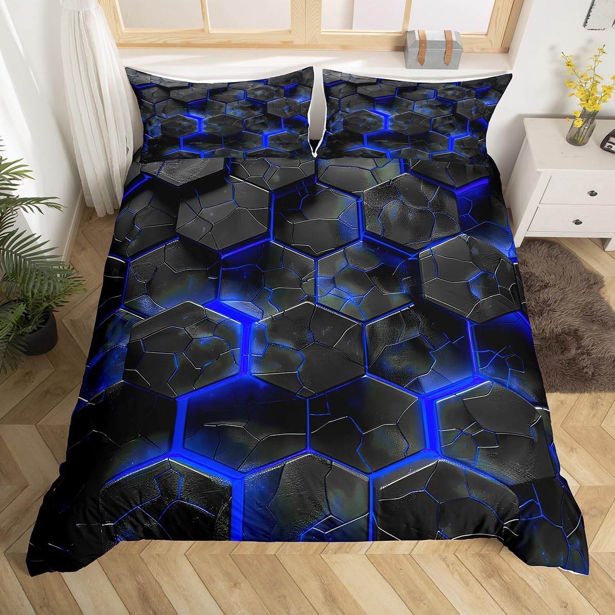 Loussiesd 3D Geometrische Honeycomb Bettbezug 200x200cm für Jungen Mädchen Teens Blaue Neon sechseckige Geometrie Bettwäsche Kinder Moderne Kunst Betten Streifenlinie