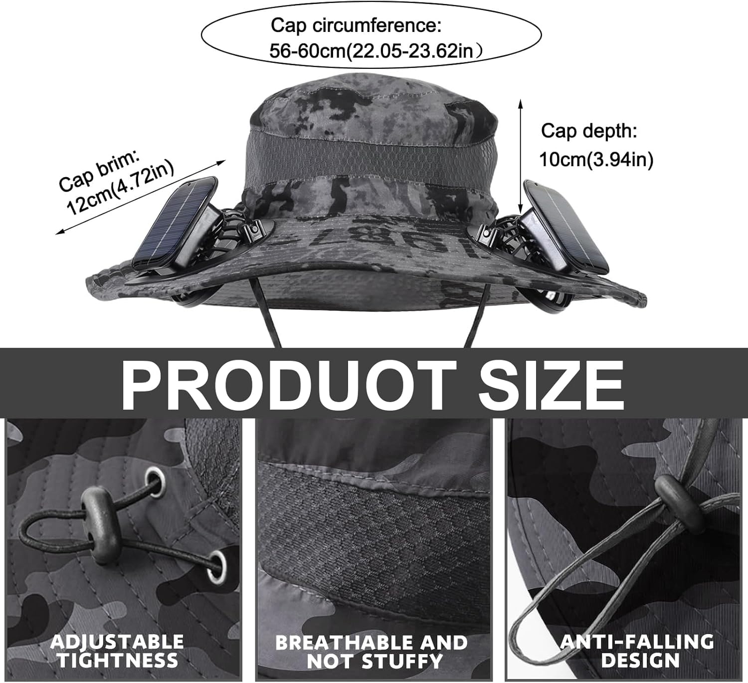 Solar Powered Fan Hat, Wide Brim Sun Hat, Waterproof UPF 50+ Solar Fan Outdoor Fishing Hat with 2 USB Solar Charging Removable Fans for Outdoor Fishing Gardening Camping Beach Travel Grey - Image 5