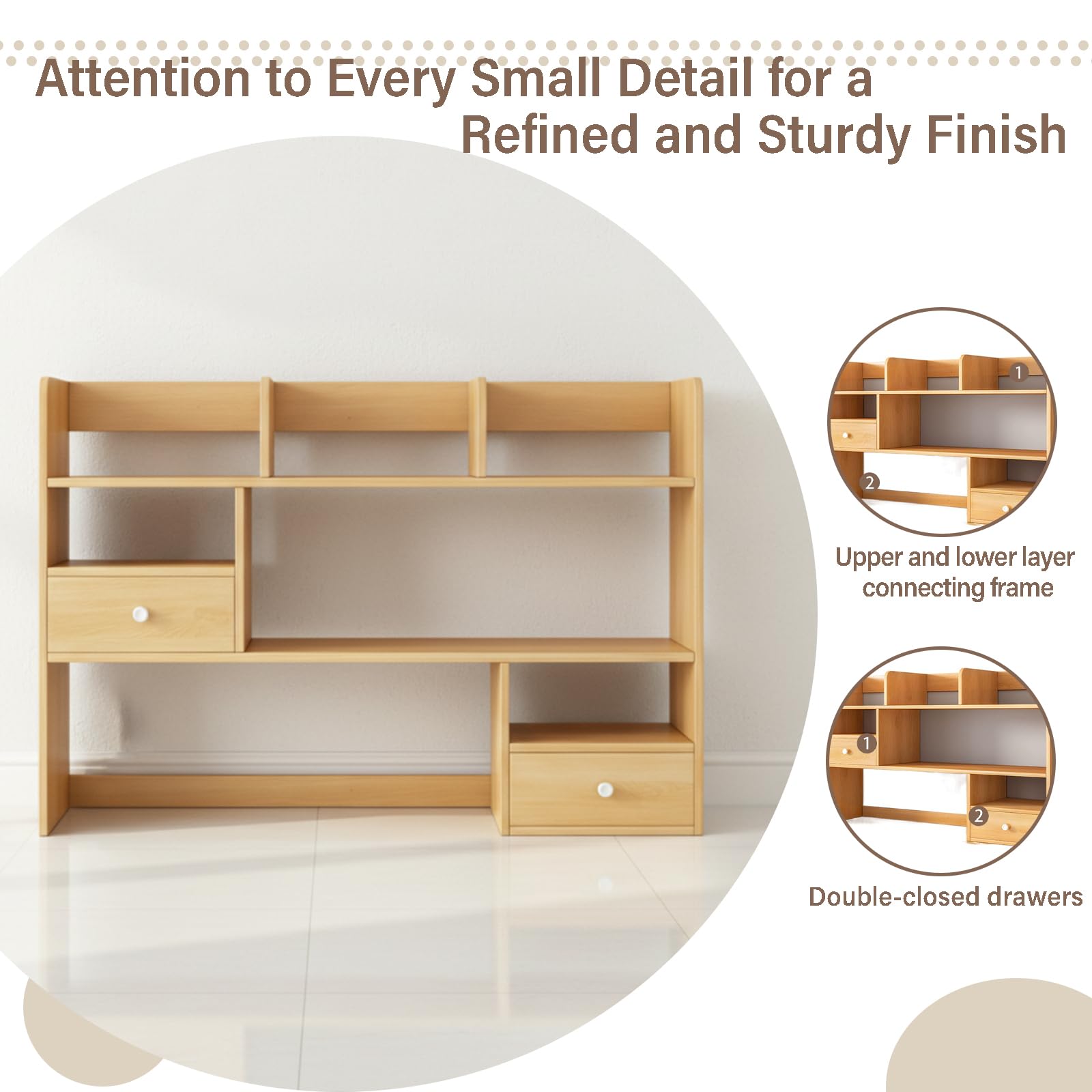 Libreria da Scrivania Salvaspazio Scaffale in Legno Moderno, Mini Libreria da Tavolo con Cassetti Chiusi, Mensole da Scrivania per Cameretta e Studio 60/80x17x80cm(Size:80x17x80CM)
