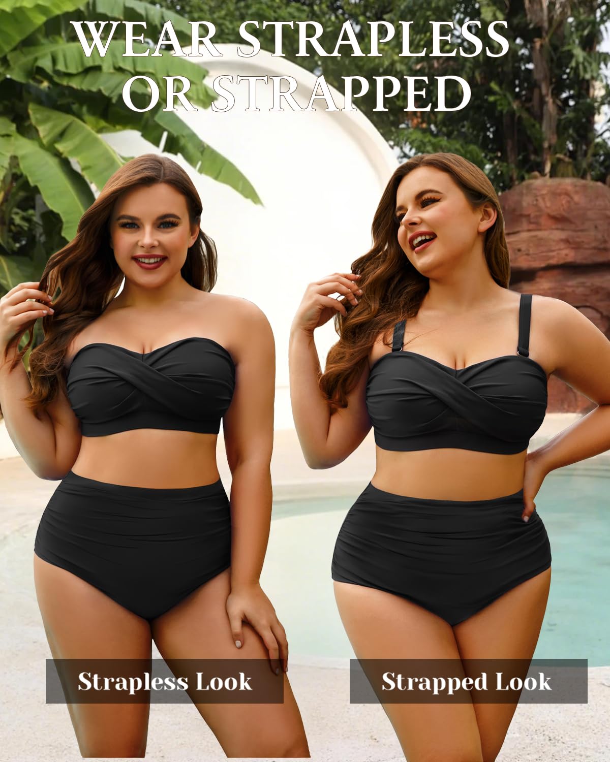 Yonique Zweiteiliger Damen-Badeanzug, Übergröße, hohe Taille, Bandeau-Bikini, Bauchweg-Badeanzug