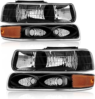 AXLAHA Headlights Assembly for 1999 2000 2001 2002 Chevy Silverado 1500 2500/2001 2002 Silverado 1500HD 2500HD 3500/2000-2006 Tahoe Suburban 1500 2500 Black Housing with Bumper Light Pair