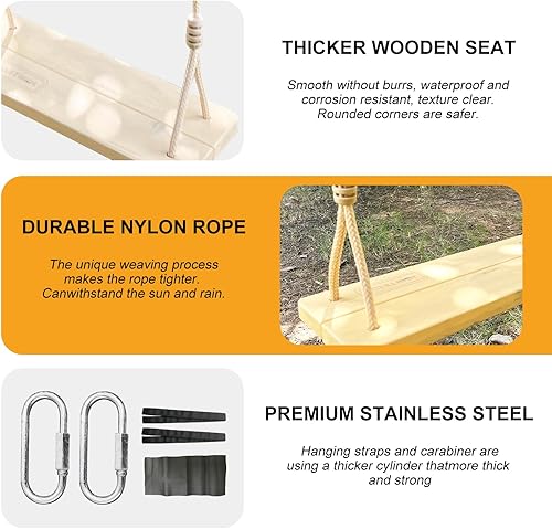 Miniatura 2 de JOINTECH Asiento de columpio de madera, columpio clásico de madera para exteriores, columpio de caña para adultos, juego de columpios de correas de