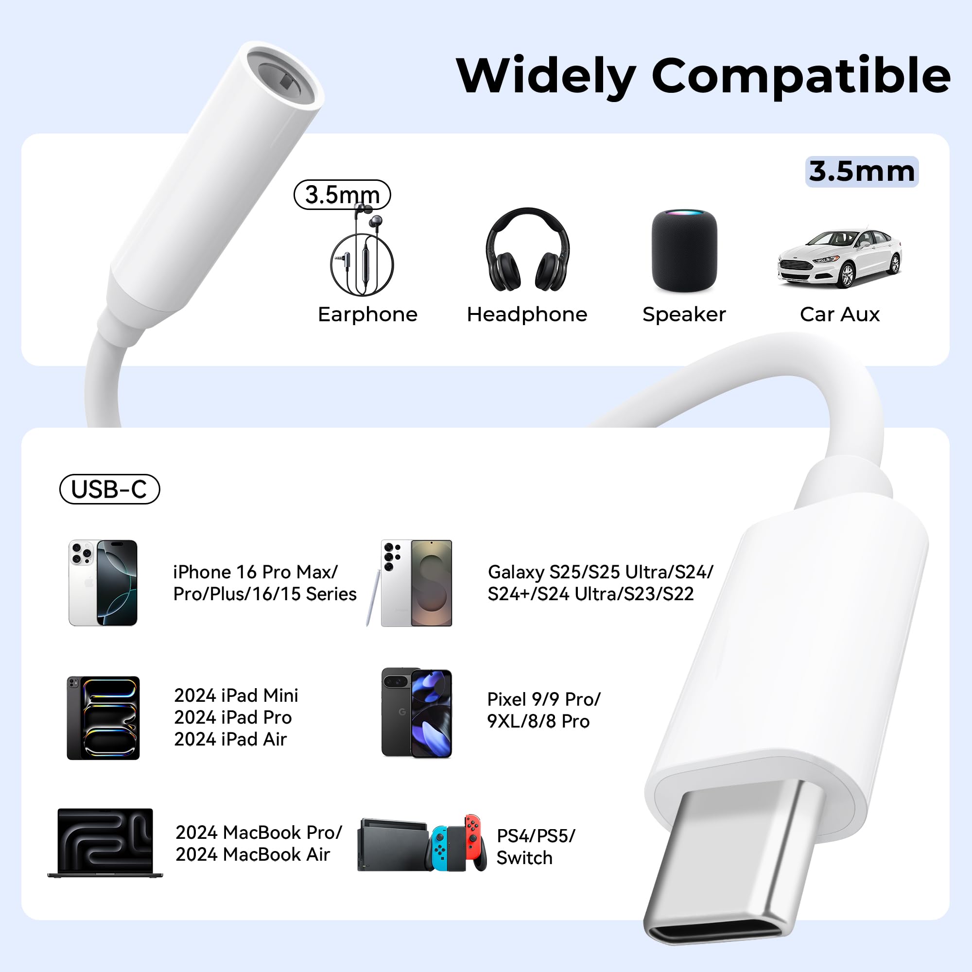 Adaptateur USB C Jack 3,5mm, Convertisseur USB-C vers Casque pour Samsung Galaxy S21 S20 S20+, MacBook Pro, Huawei Honor