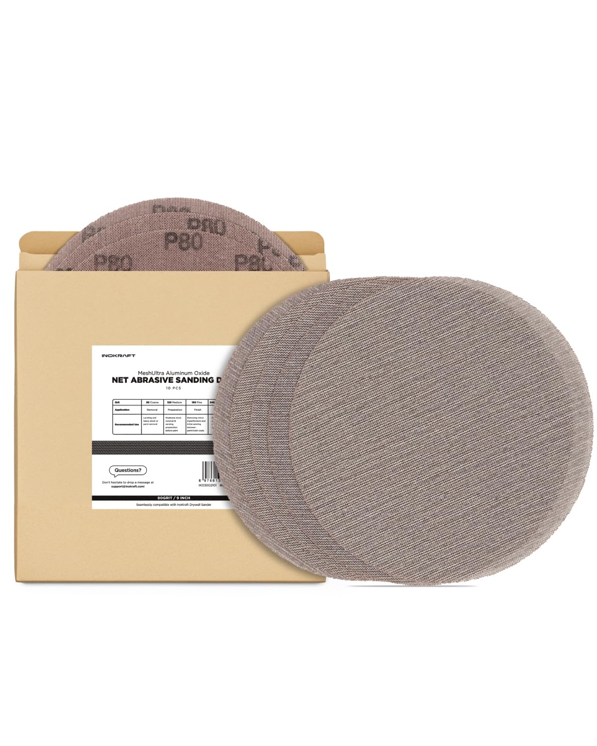 InoKraft Mesh Abrasive 9 inch Drywall Sander Sandpaper, Dust-Free Hook and Loop Drywall Sanding Disc (80 grit - 10pcs)