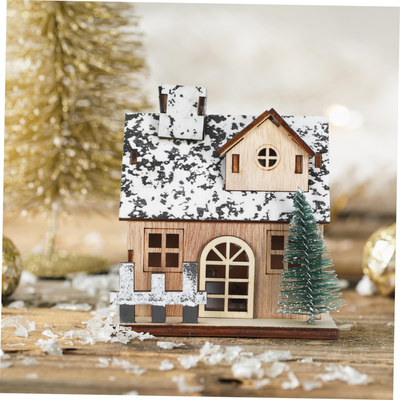 Yardwe 3 Piezas Casas Festivas Madera Navideñas Decoración LED de Iluminación Rústica Tradicional, Accesorio y Adecuado para Reuniones Familiares y Cenas