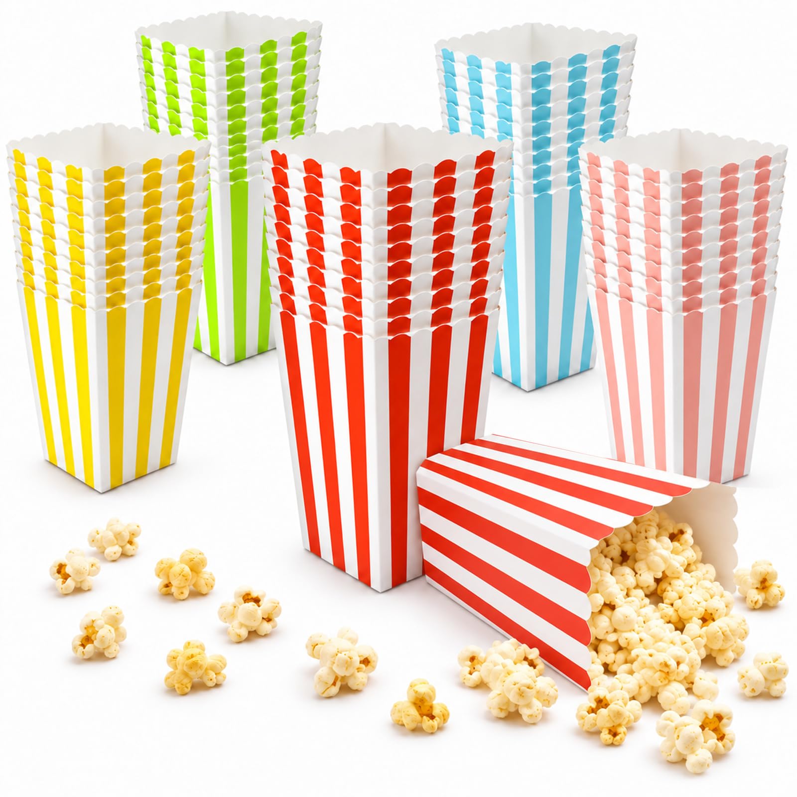 Mismayo 50Pcs Popcorn Boxes 11.5 x 7 x 5cm, 5 Colours Striped Popcorn Bags, Mini Popcorn Boxes, Cardboard Popcorn Boxes,Small Popcorn Bucket Retro, Candy Container for Movie Night Party Festivals