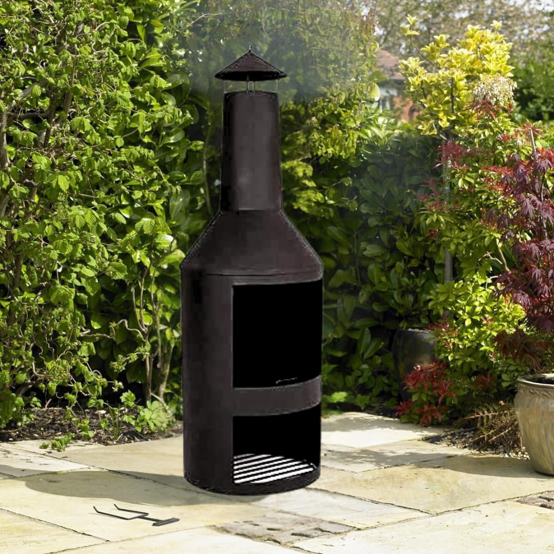 Garden Mile Grande braciere da esterno alto 140 cm, con contenitore per legna – moderno camino rotondo nero per giardino, patio, spazio esterno, compatibile con legno