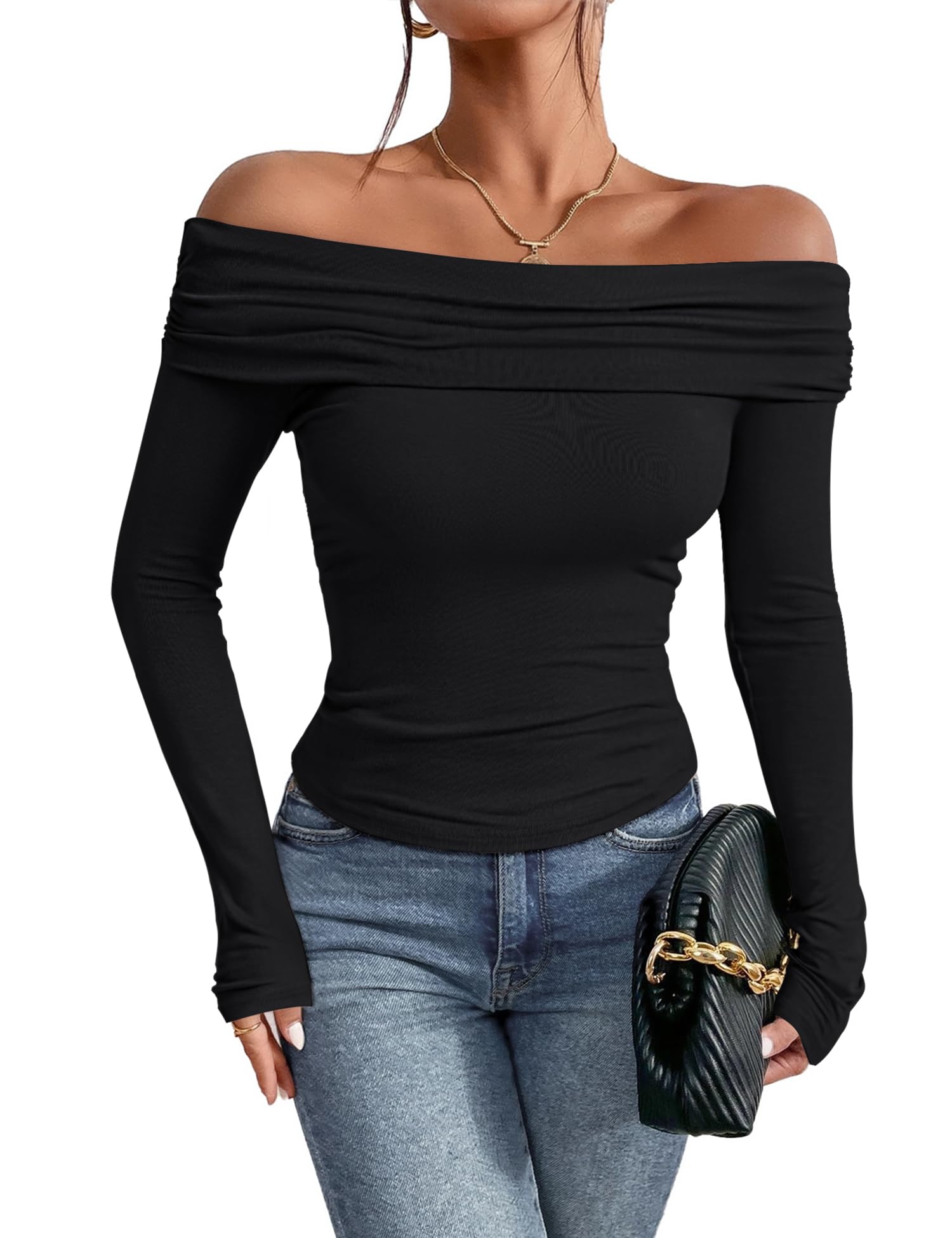 Womens Sexy Off Shoulder Long Sleeve Top Fitted Going Out Shirts