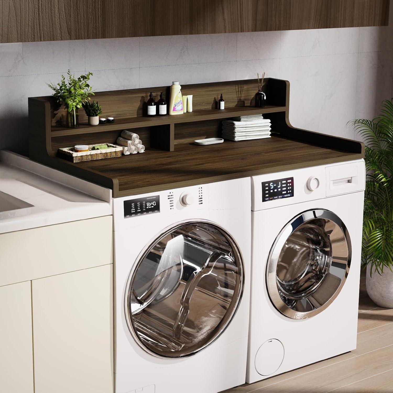 Washer Dryer Countertop, 54" x 27.55" 2-Tier Washer Dryer Topper with Edge, for Laundry Room Organization Walnut Brown