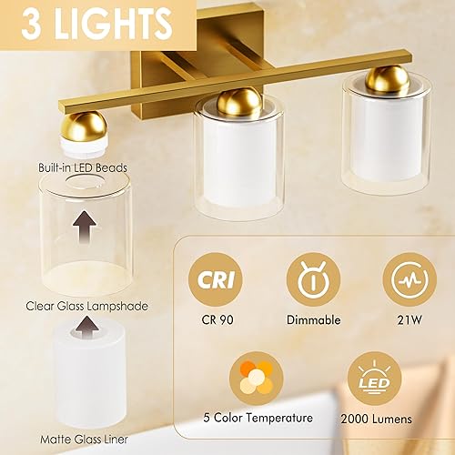 Miniatura 63 de Quntis Lámparas de baño negras de 4 luces con 5 modos de color, lámpara de tocador moderna regulable de 27 pulgadas sobre espejo, lámpara de pared