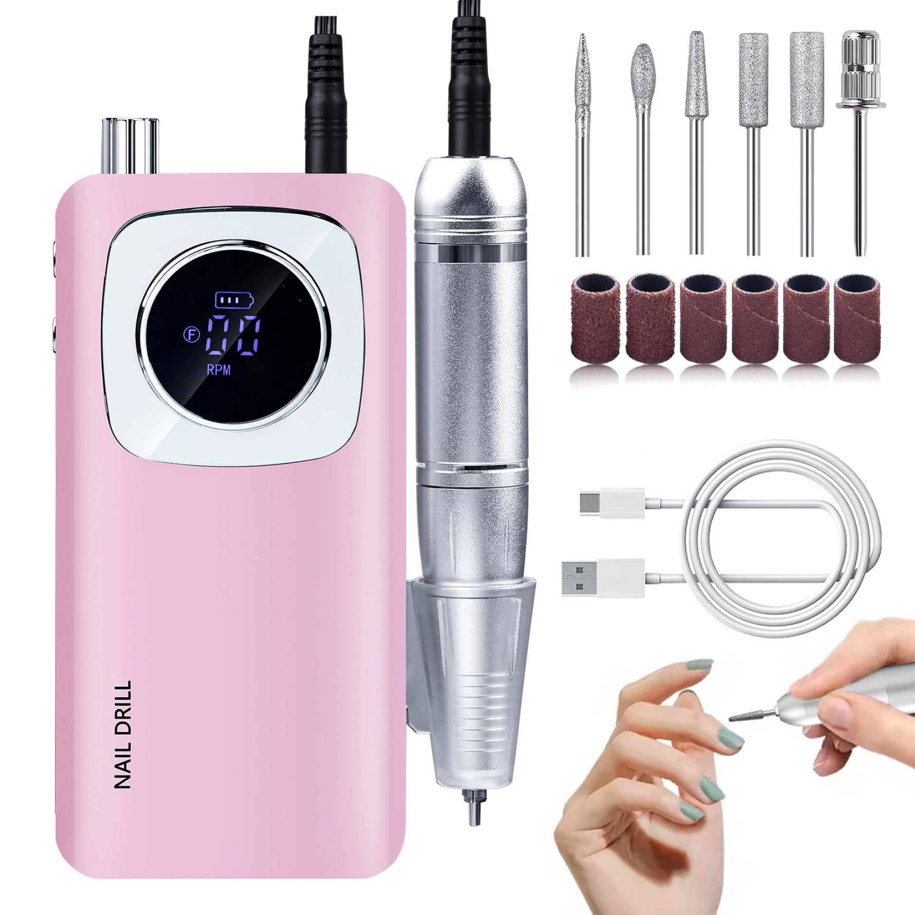Taladro de uñas recargable, manicura eléctrica de 45000 rpm con máquina de archivos de pantalla LCD para manicuras de uñas de geles acrílicos.