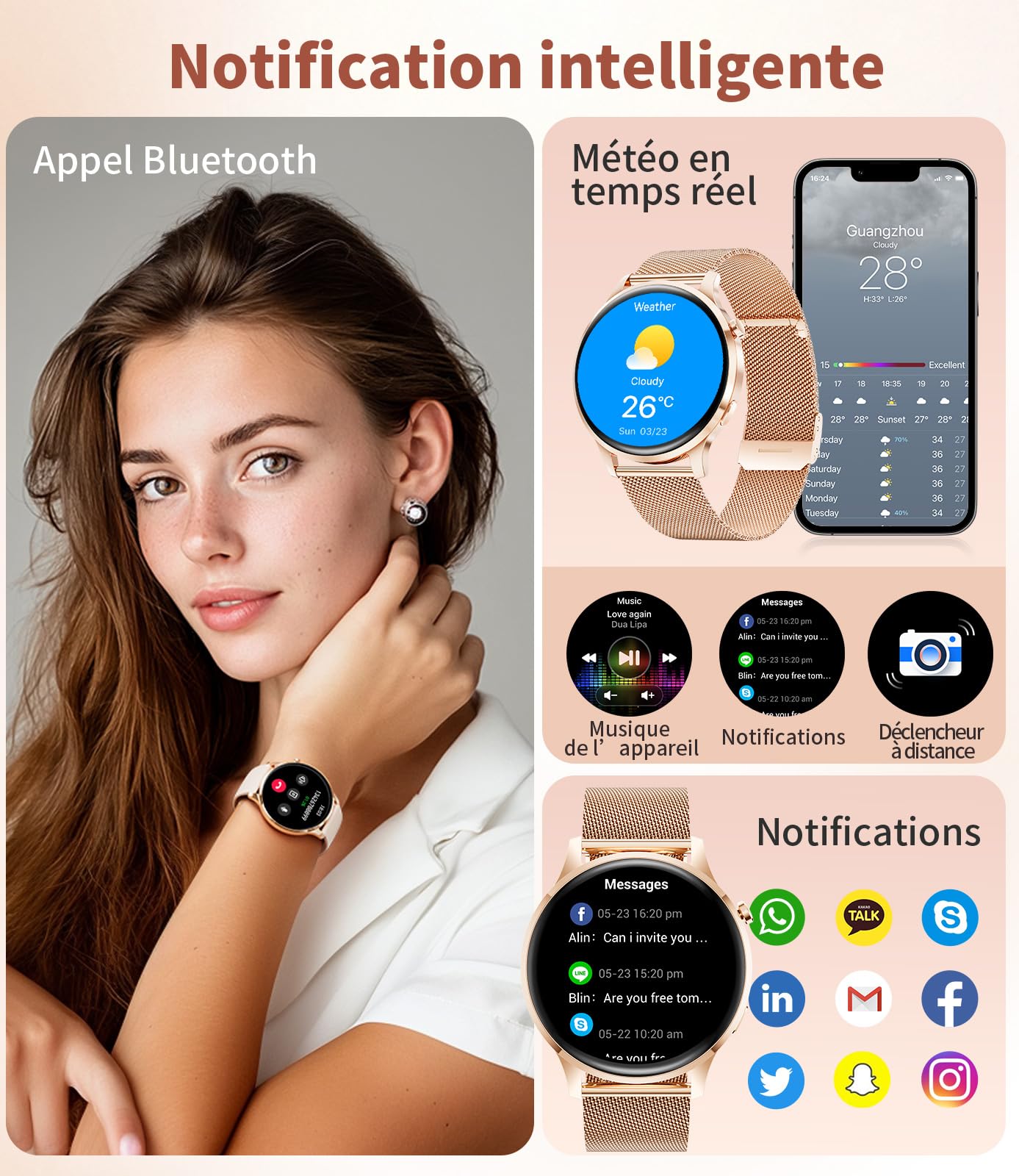 SUNKTA Montre Connectée Femme Smartwatch Sport: 1.32" AMOLED Smartwatch avec Appel Bluetooth, Elégante Montre Femmes pour iOS Android, 100+ Modes Sportifs, IP68，Fréquence Cardiaque/Sommeil, FV23-D