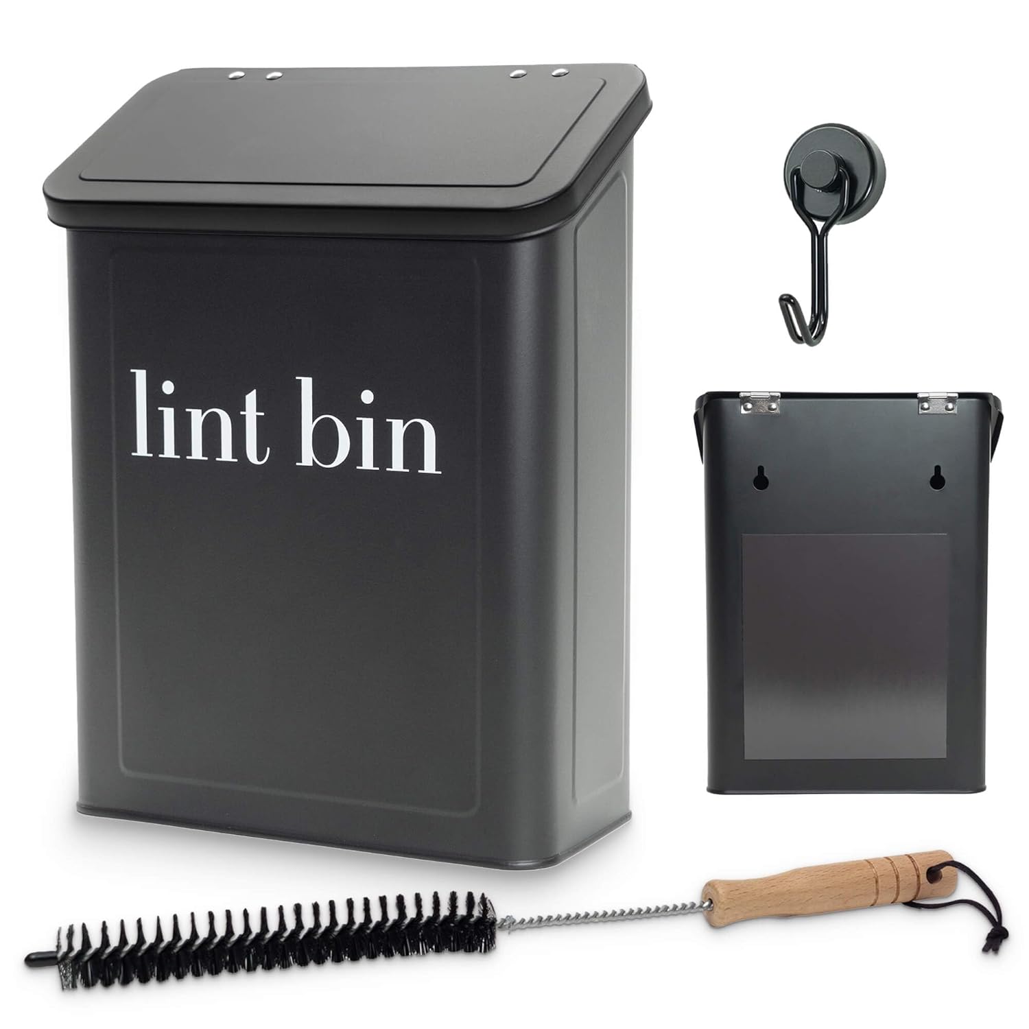 Magnetic lint bin for laundry room organization with accessories