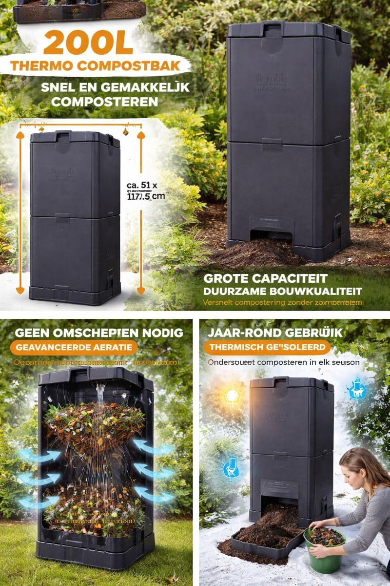 Aerobin 200L Isolierter Komposter Heißkomposter für Garten und Küchenabfälle Außen Kunststoff Kompostbehälter mit Internem Belüftungssystem Kein Umsetzen Ganzjährige Nutzung Schwarz