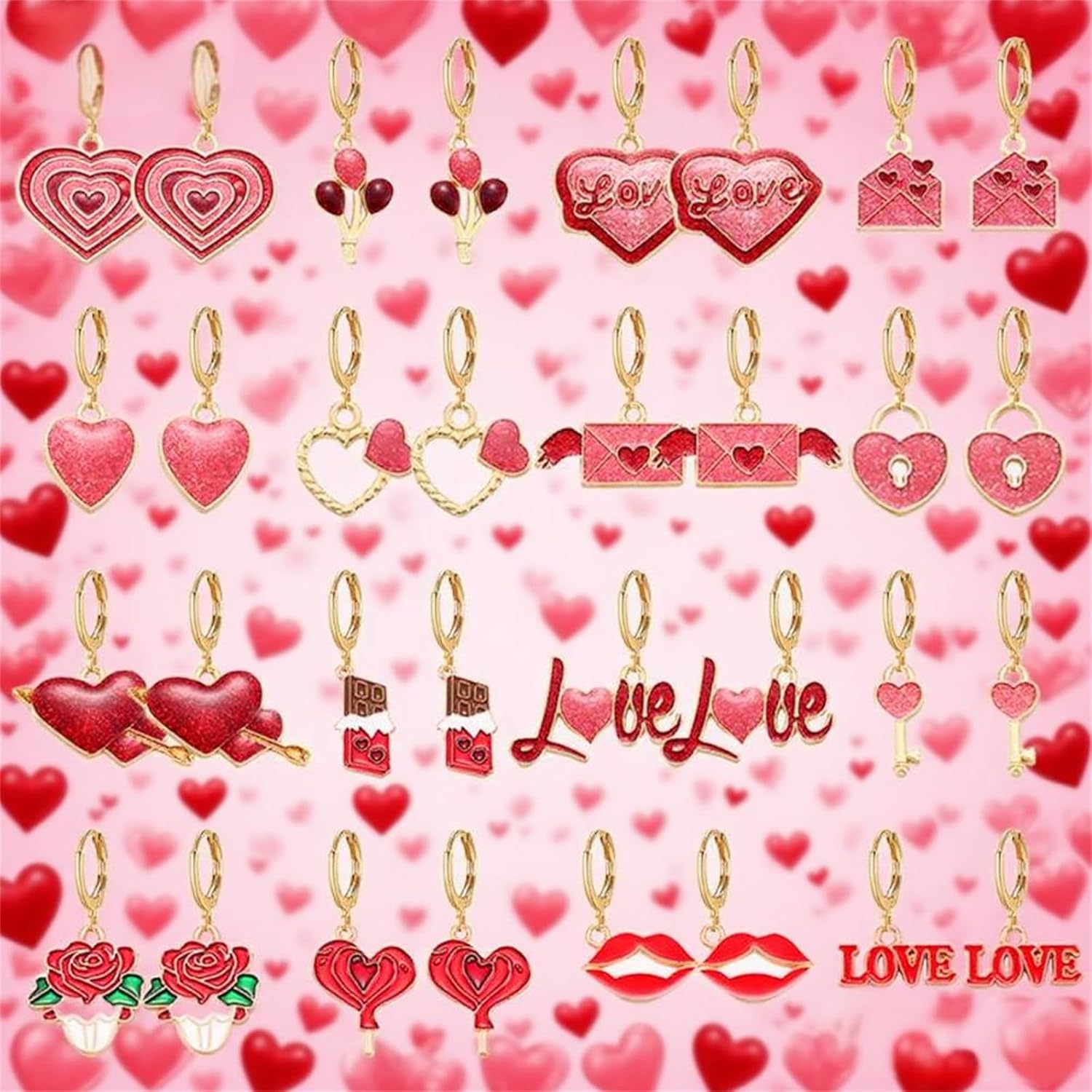 16 Pairs Valentine’s Day Earrings Set for Women Fashion Glitter Red Heart Cupid Arrow Balloon Chocolate Rose Lips Envelope Hoop Earrings Romantic Valentines Day Holiday Party Jewelry Gift - Image 6
