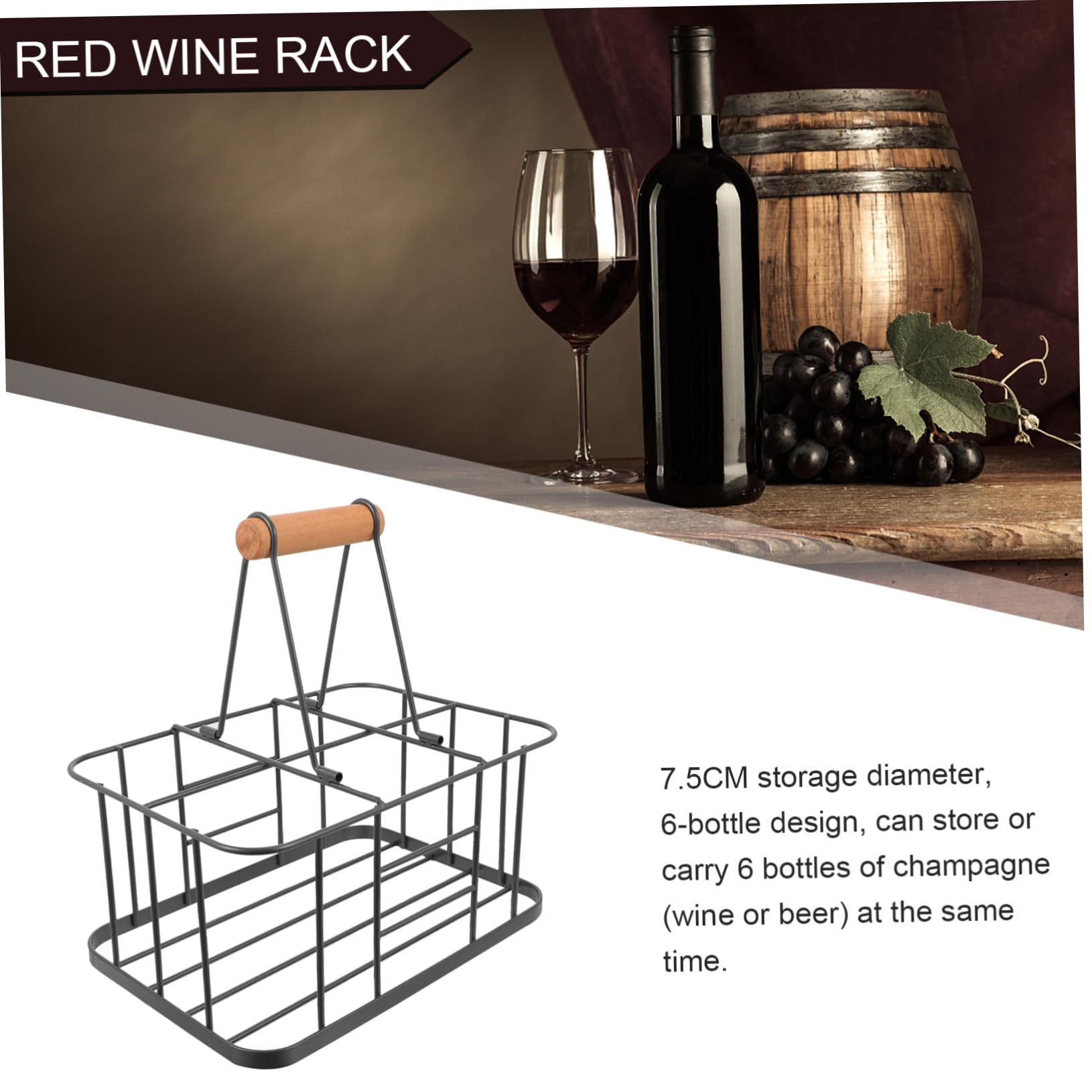 Panier à bouteilles en métal pour 6 bouteilles avec poignée en bois massif, porte-boissons pour boîtes de lait, bouteilles de vin, bouteilles d'eau, rangement pour restaurant, bar, cuisine