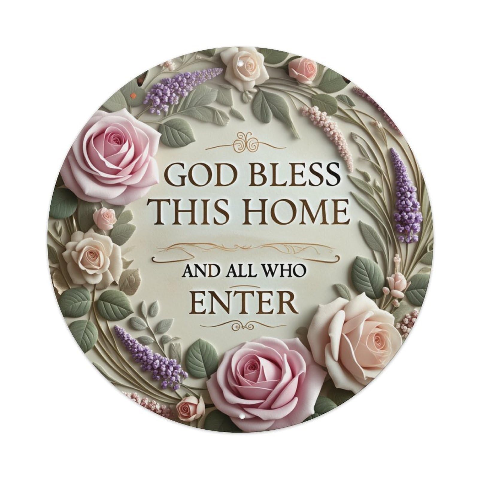 Floral Wreath With Roses And Lavender Round Tin Sign Vintage Metal Poster, Home Bar Garage Man Cave Cafe Indoor & Outdoor Wall Decoration 8x8Inches