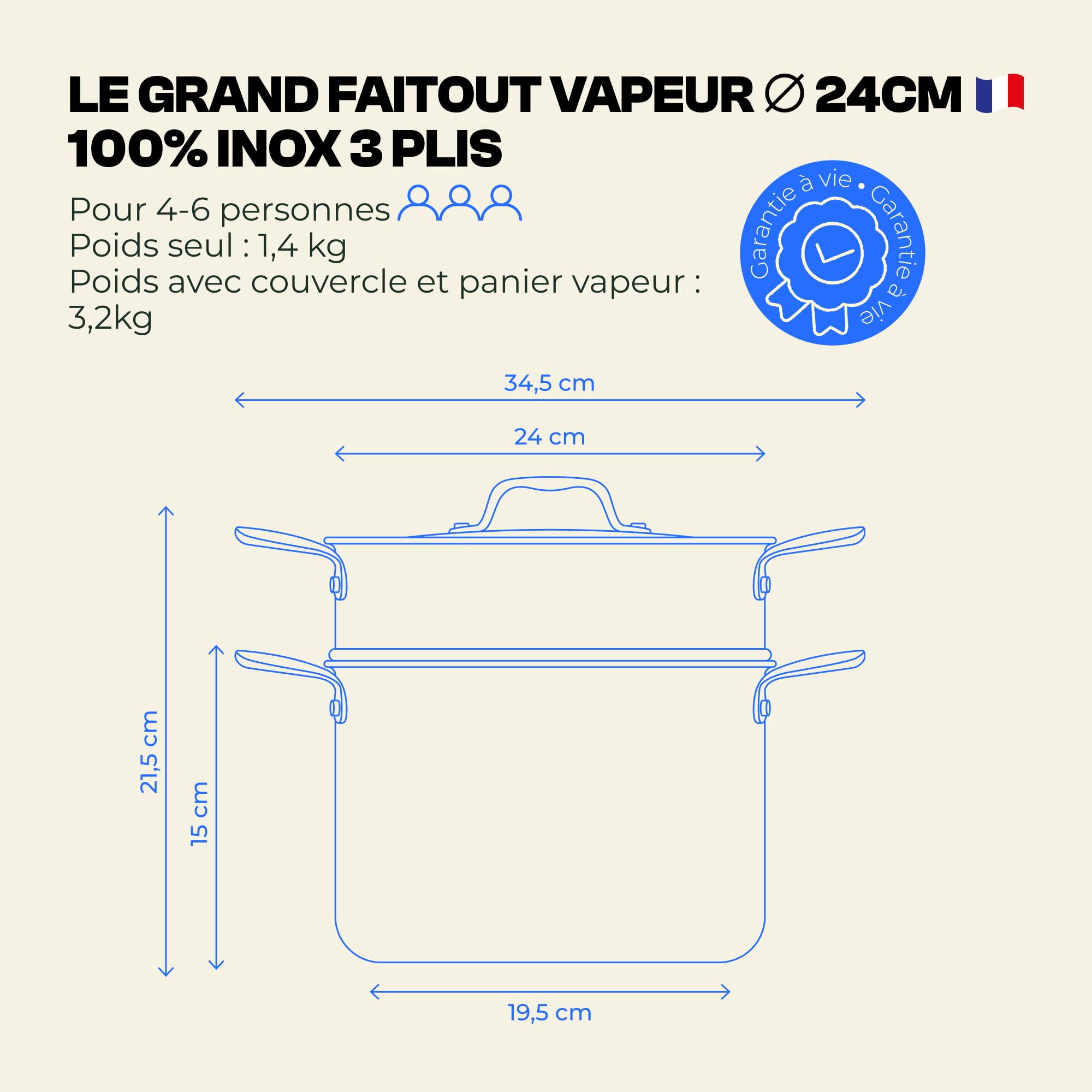 Atma – Faitout Inox 3 Plis 24 cm (6 L) avec Panier Vapeur – Cuisson Homogène – Sans PFAS, PFOA, PTFE – Tous Feux dont Induction & Four – Fabriqué en France – Garantie à Vie