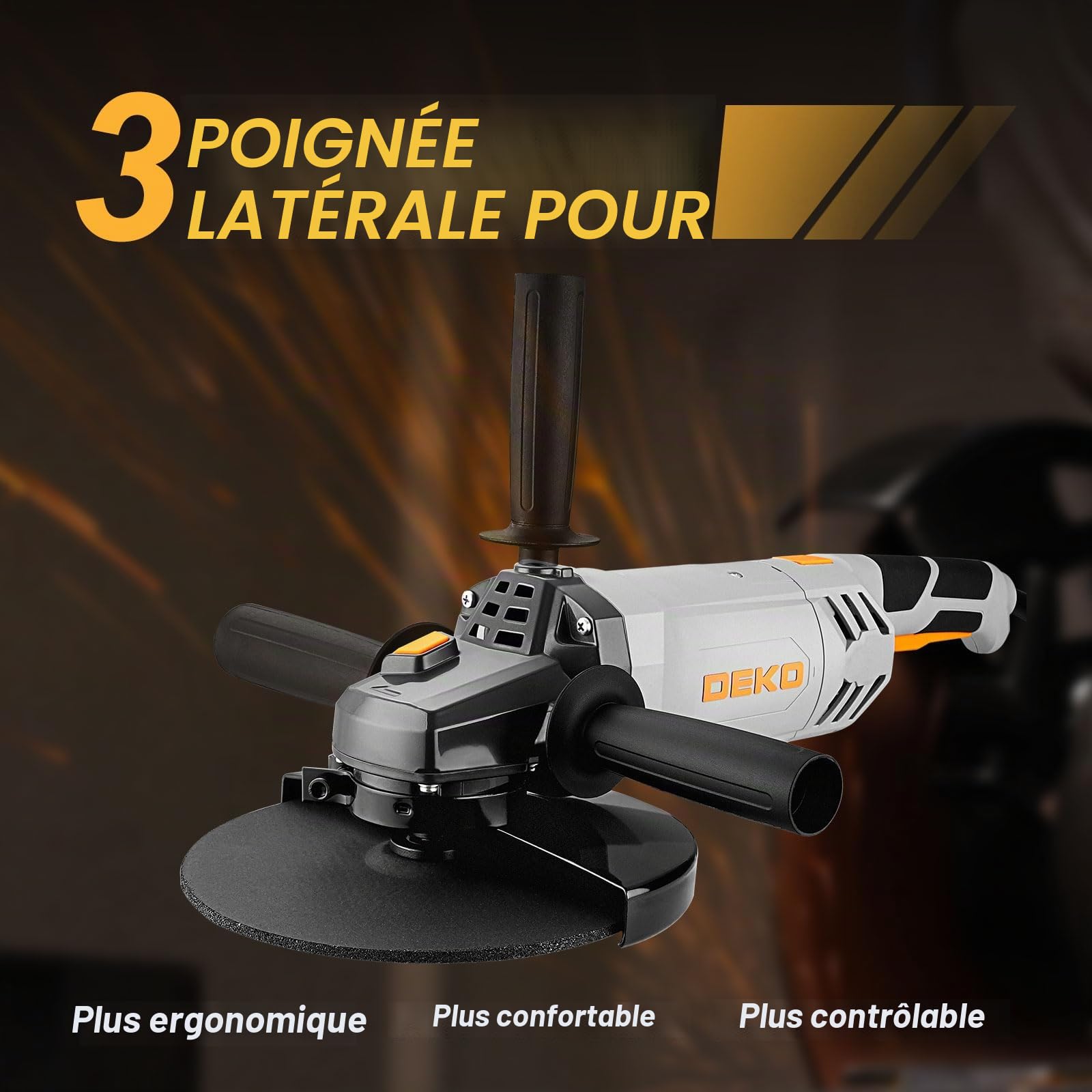 DEKOPRO Meuleuse d'Angle 2200W φ230 mm Poignée Auxiliaire, pour Couper, Polir et Poncer