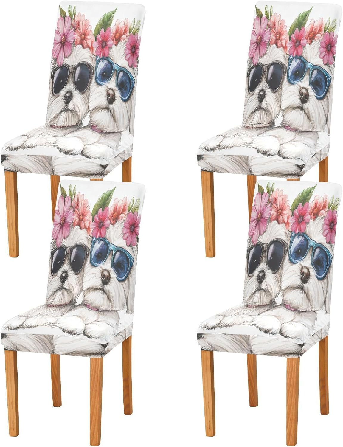 ALAZA Chair Covers for Dining Room, Two Puppy Dogs with Sunglasses Flower Stretch Chair Cover Sets Chair Protector Removable Washable for Ktichen Restaurant Hotel