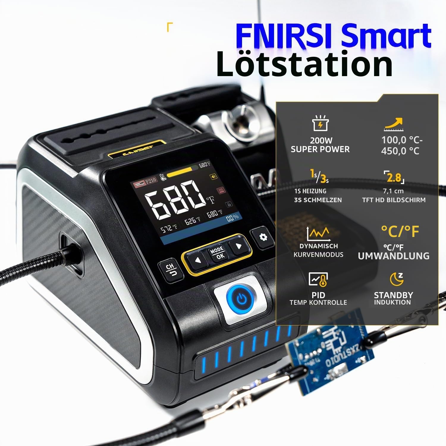FNIRSI DWS-200 200W Digitale Lötstation Set mit 9 Lötspitzen (F210*3 & F245*6) sowie 2 Lötspitzenhaltern, Temperaturanzeige & Temperaturkurvenmodus, 3 Temperaturspeichermodi, 2,8-Zoll-TFT-HD-Display.