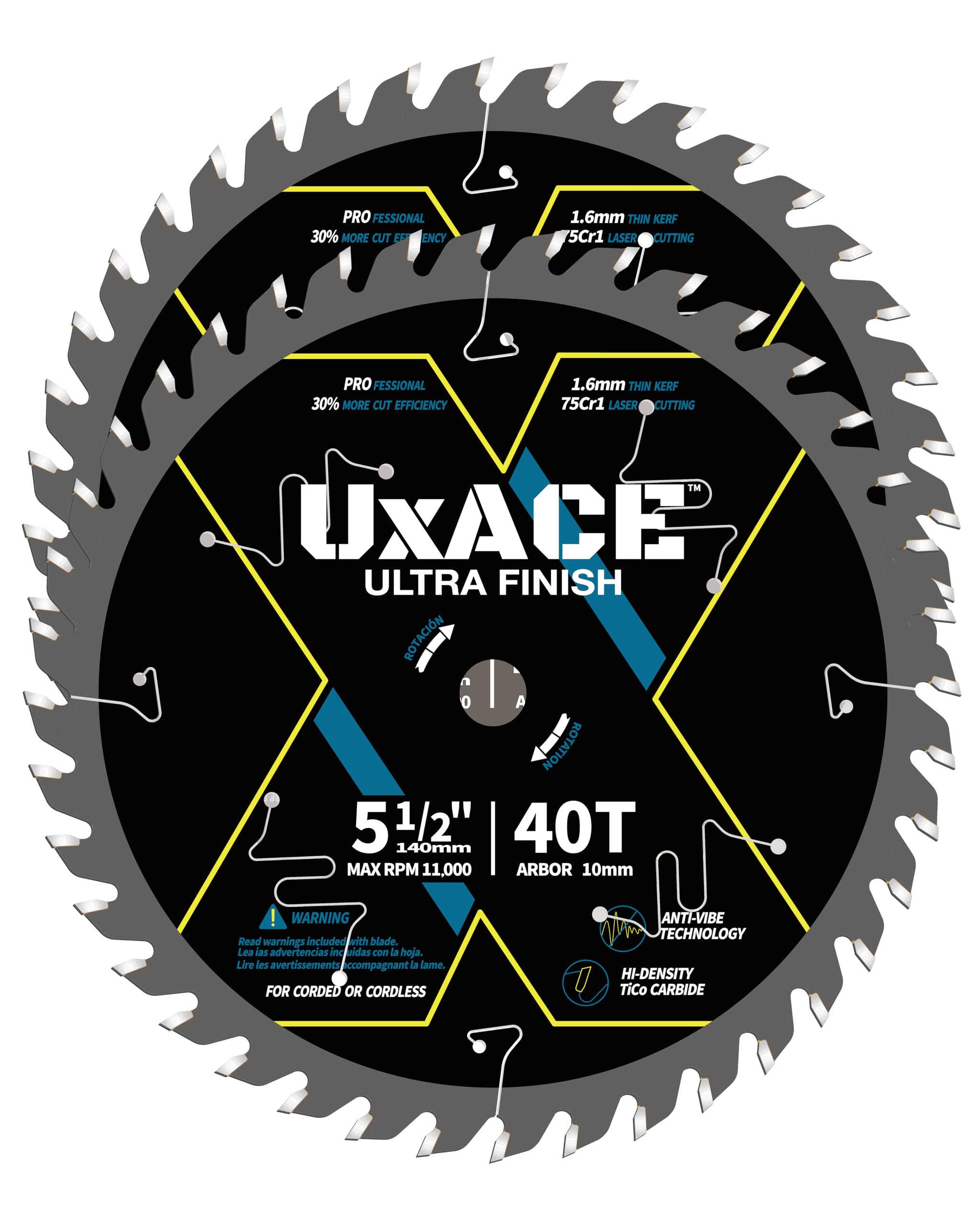 UXACE 5-1/2-Inch 40-Tooth Circular Saw Blade with 10 mm Arbor, Ultra Finish Wood Cutting, Carbide Tip, Thin Kerf, for Plywood, MDF, OSB, Laminated, 2