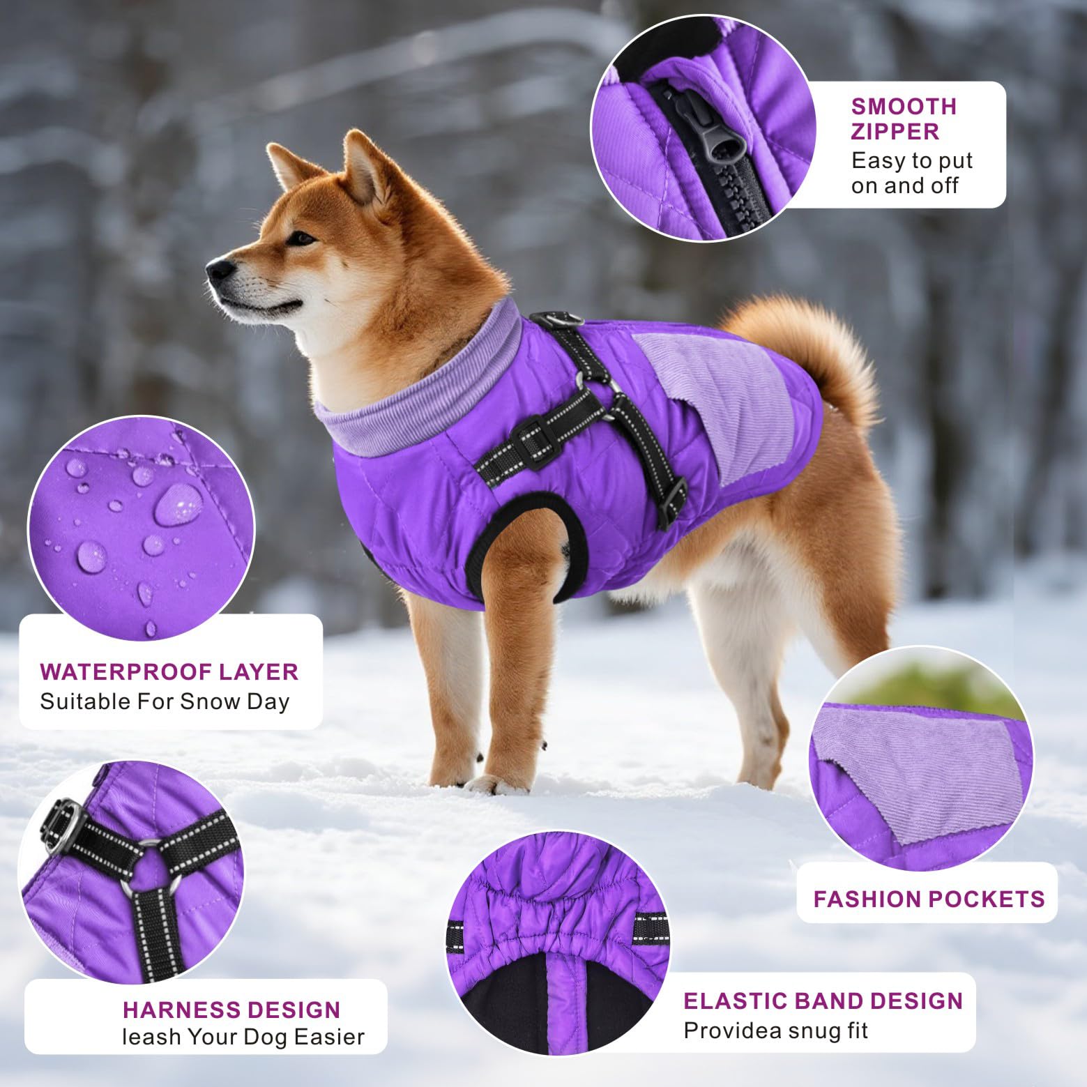 Cappottini caldi per cani e animali domestici, impermeabili, riflettenti, per l’inverno e la neve, per cani di taglia piccola, media e grande (viola, XL)