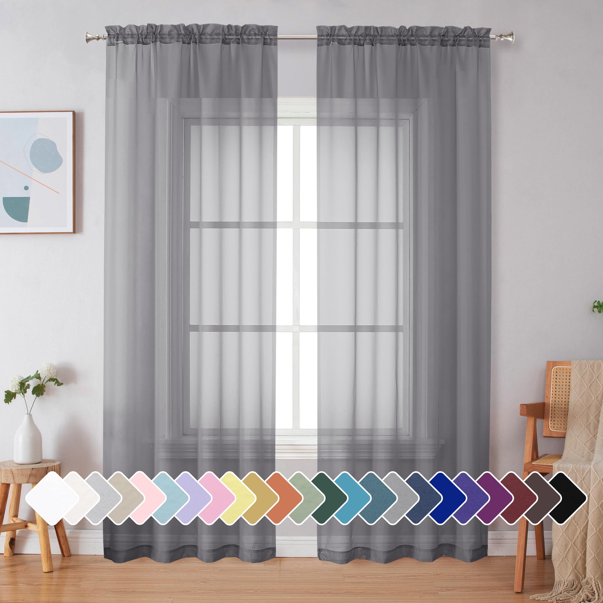 Simplebrand Grey Sheer Curtains 90 Inches Long 2 Panels for Living Room
