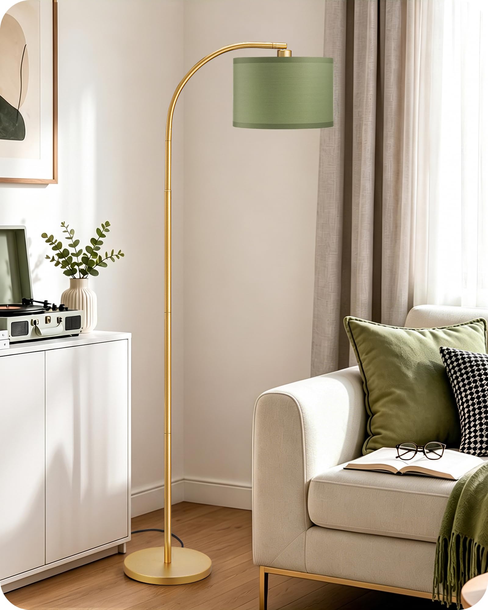 EDISHINE Lampada da Terra Soggiorno, Testa Orientabile, Verde Salvia & Oro | Struttura in Metallo & Paralume in Tessuto, Attacco E27, Lampadina LED 2700K Bianco Caldo Inclusa, per Camera da Letto